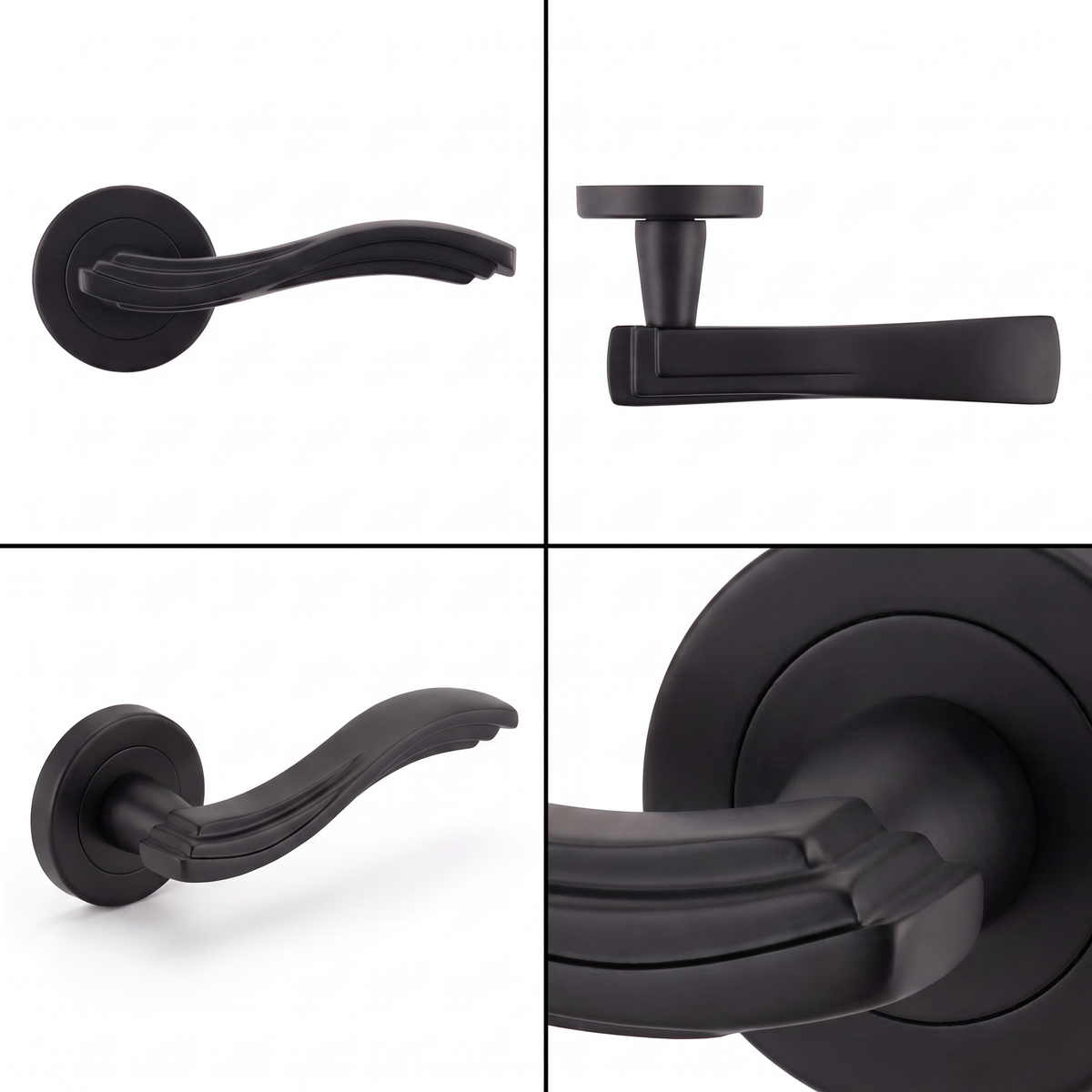 Solace Matt Black Passage Door Lever Handles – shown from multiple angles