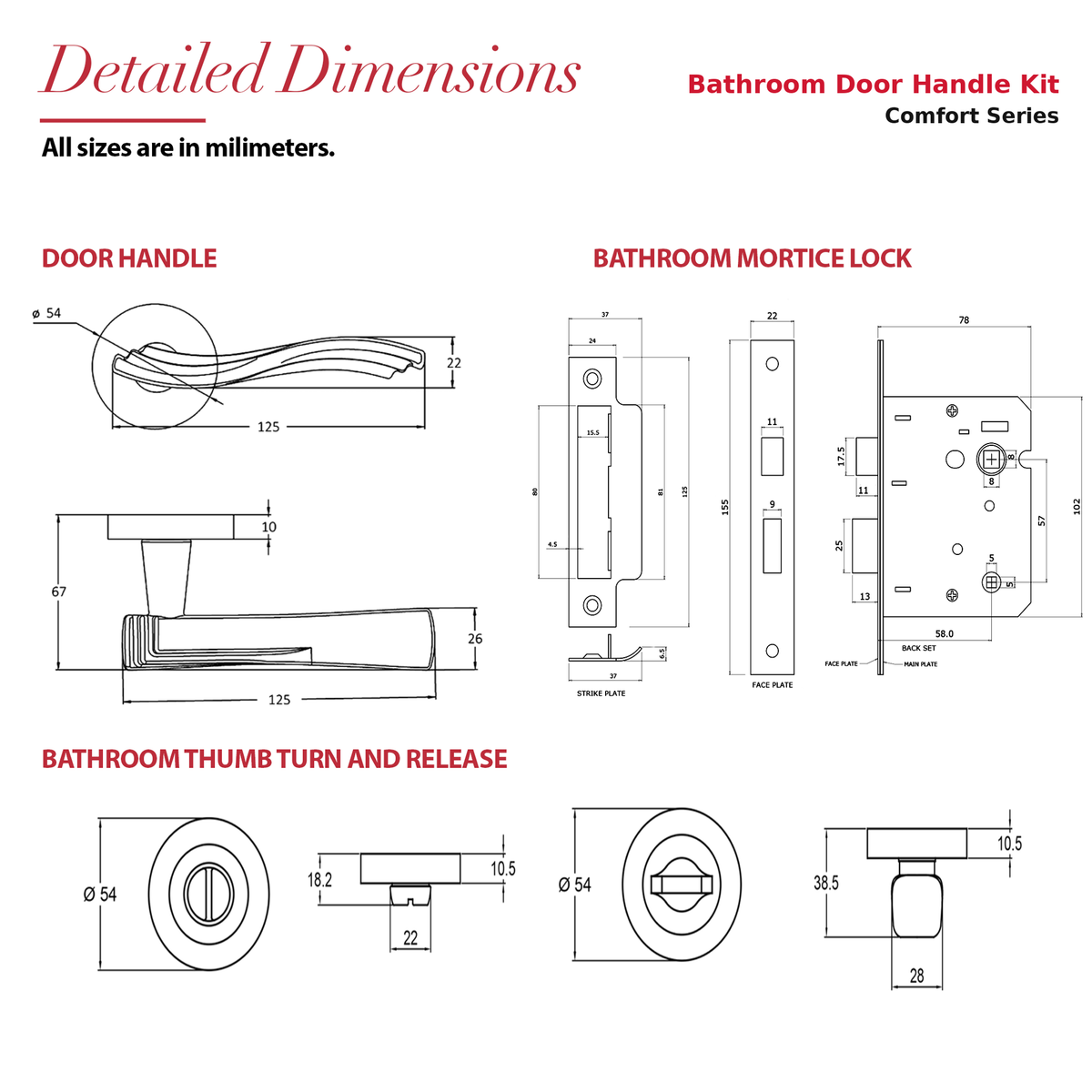 Solace Matt Black Bathroom Door Lever Handles – dimensions and measurements diagram