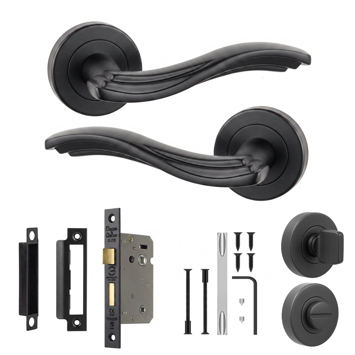 Solace Matt Black Bathroom Door Lever Handles - Bathroom Kit 76mm