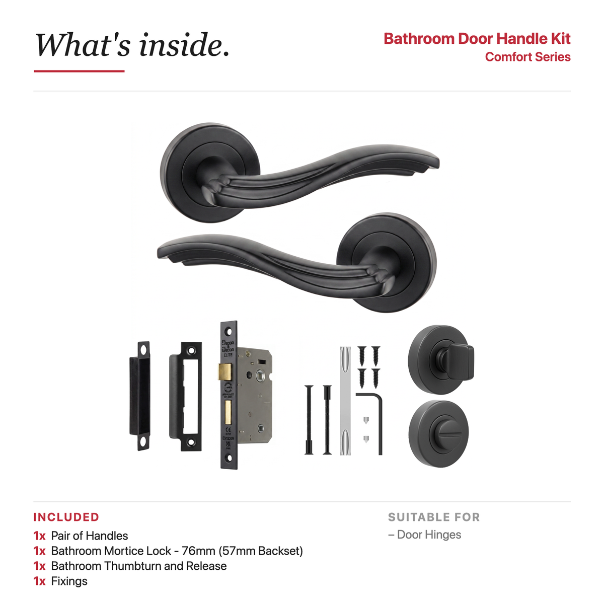 Solace Matt Black Bathroom Door Lever Handles – showing what's included in the box