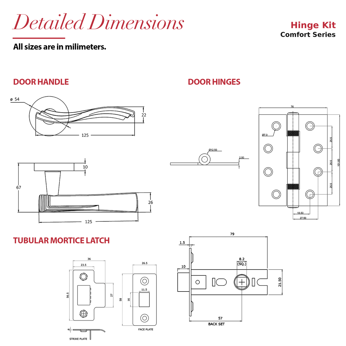 Solace Matt Black Passage Door Lever Handles – dimensions and measurements diagram