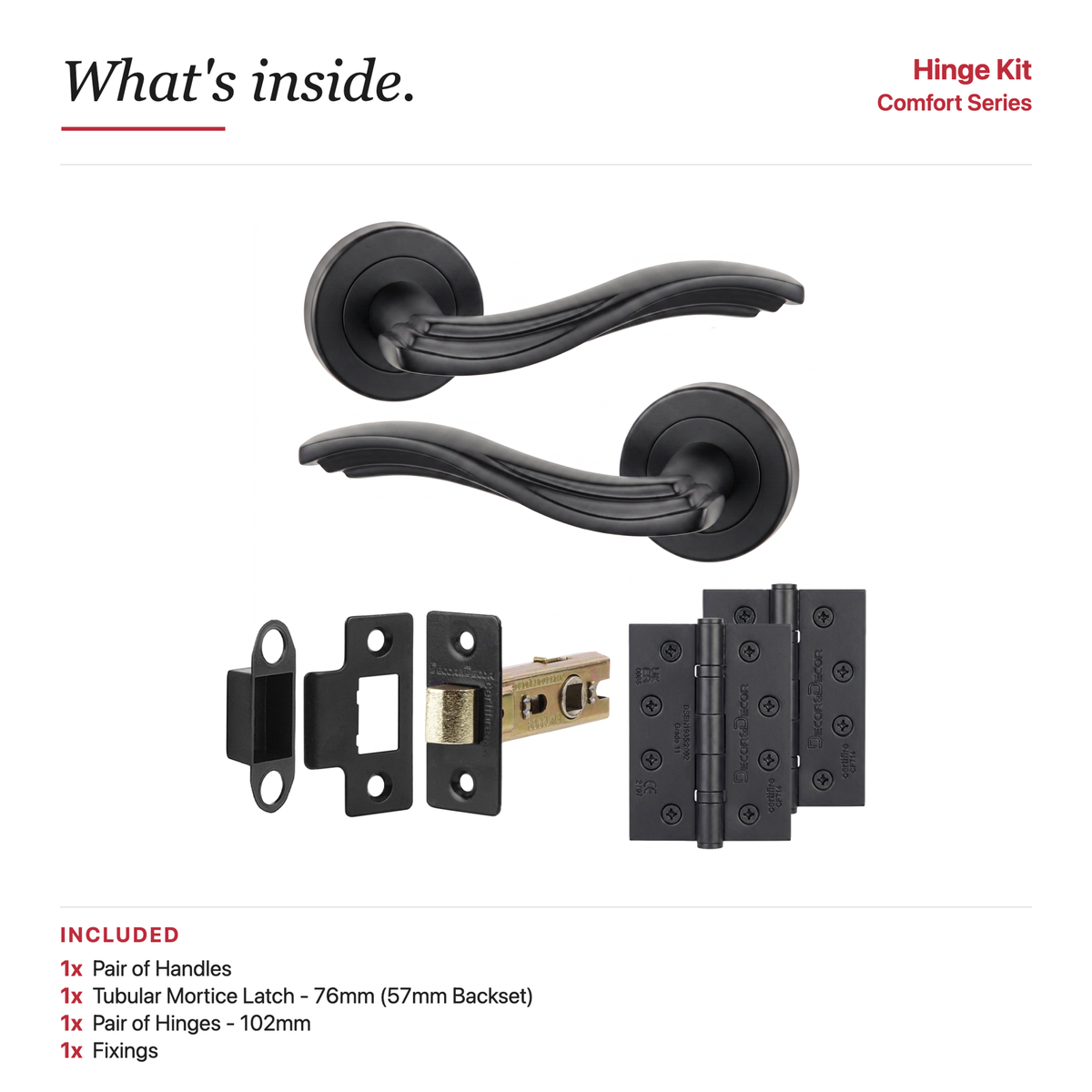 Solace Matt Black Passage Door Lever Handles – showing what's included in the box