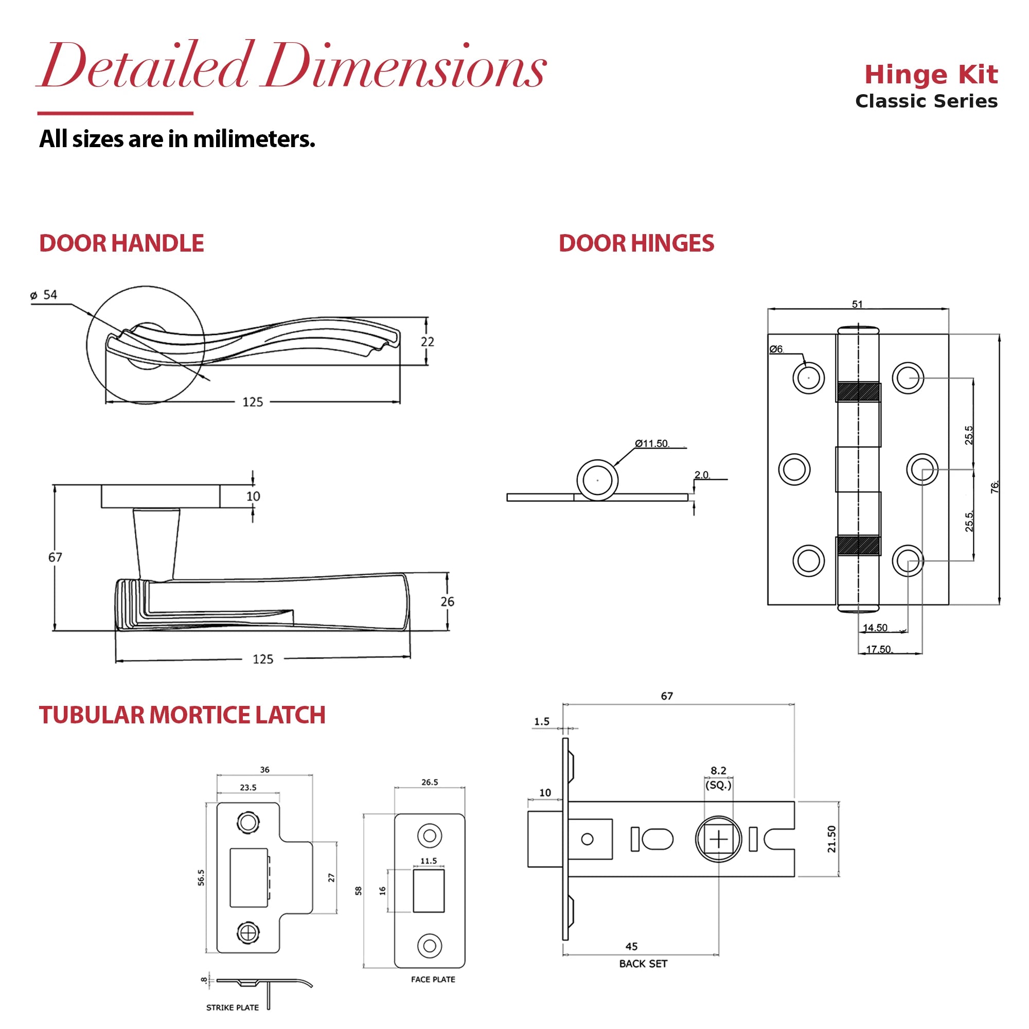 Solace Matt Black Passage Door Lever Handles – dimensions and measurements diagram