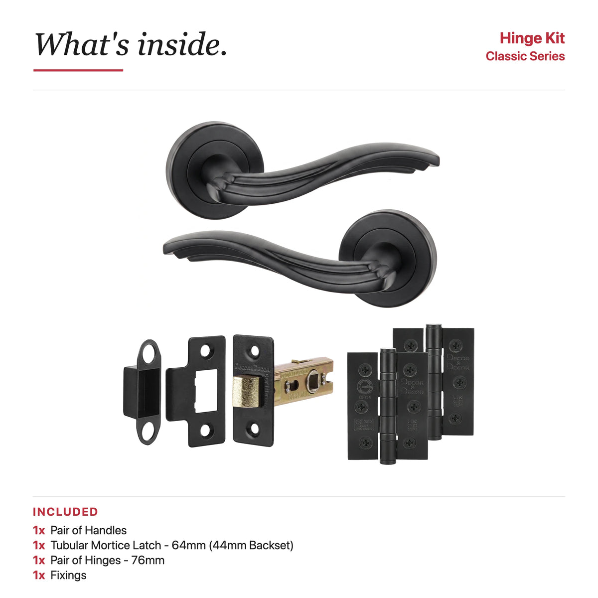 Solace Matt Black Passage Door Lever Handles – showing what's included in the box