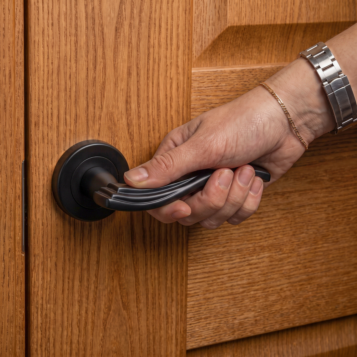 Solace Matt Black Passage Door Lever Handles – held in hand to show the size and finish
