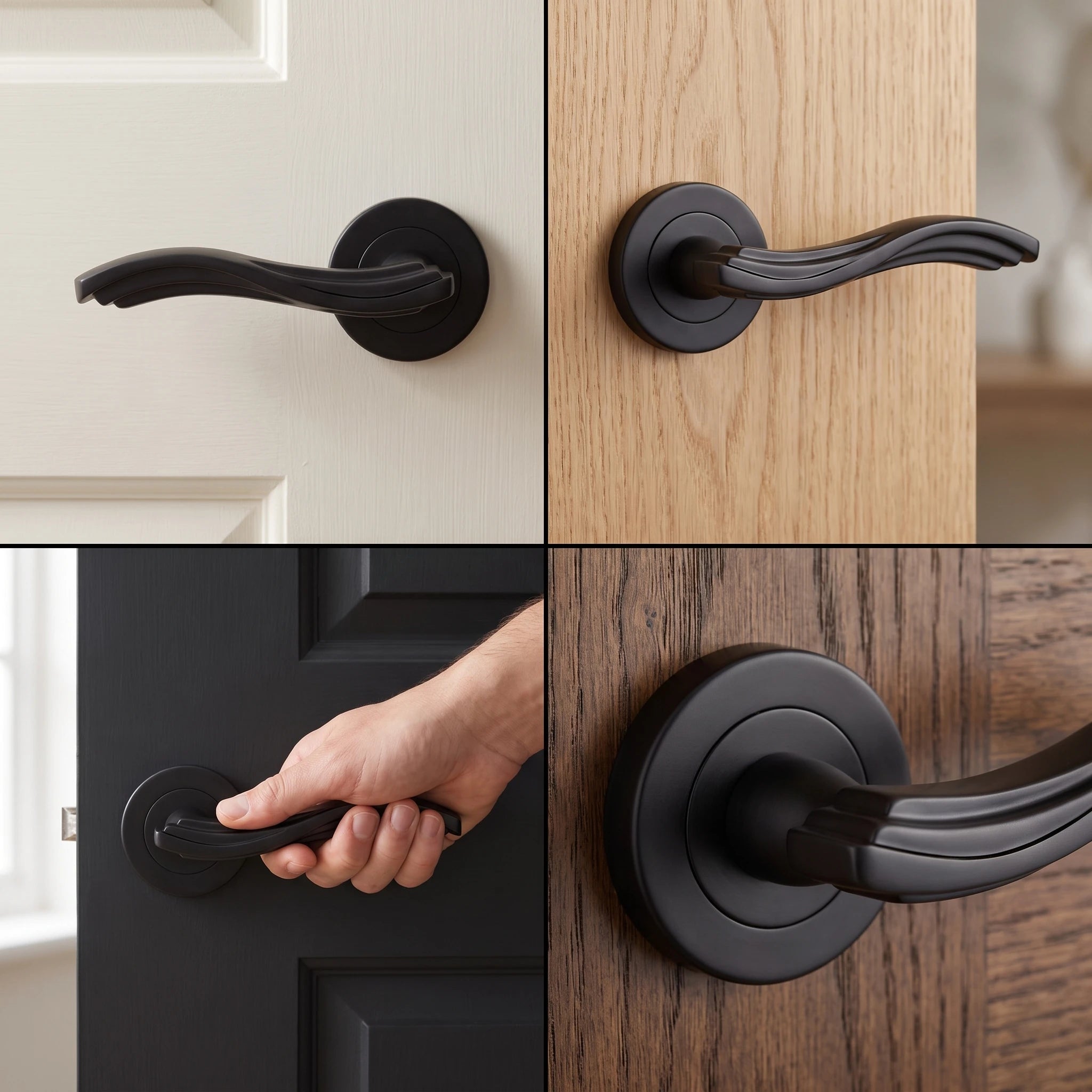 Solace Matt Black Privacy Door Lever Handles – fitted on an interior door in a styled room setting