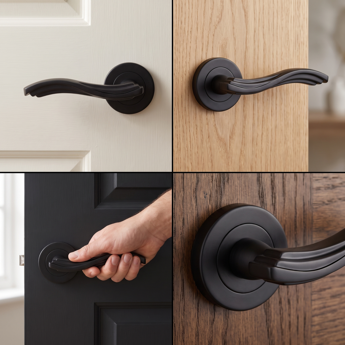 Solace Matt Black Bathroom Door Lever Handles – fitted on an interior door in a styled room setting