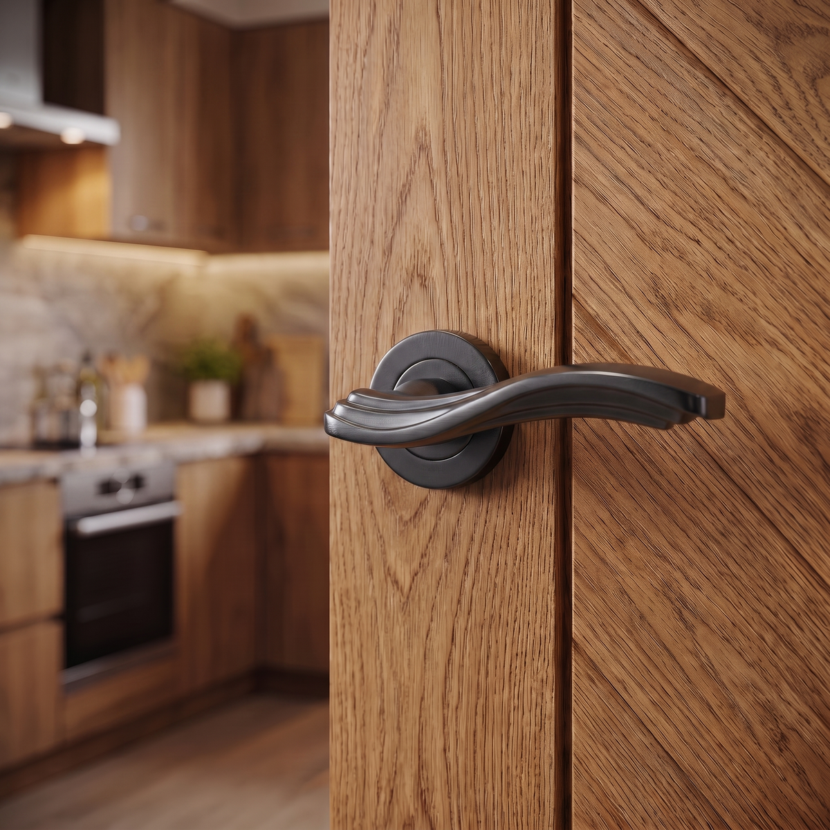 Solace Matt Black Door Lever Handles – fitted on an interior door in a styled room setting 4