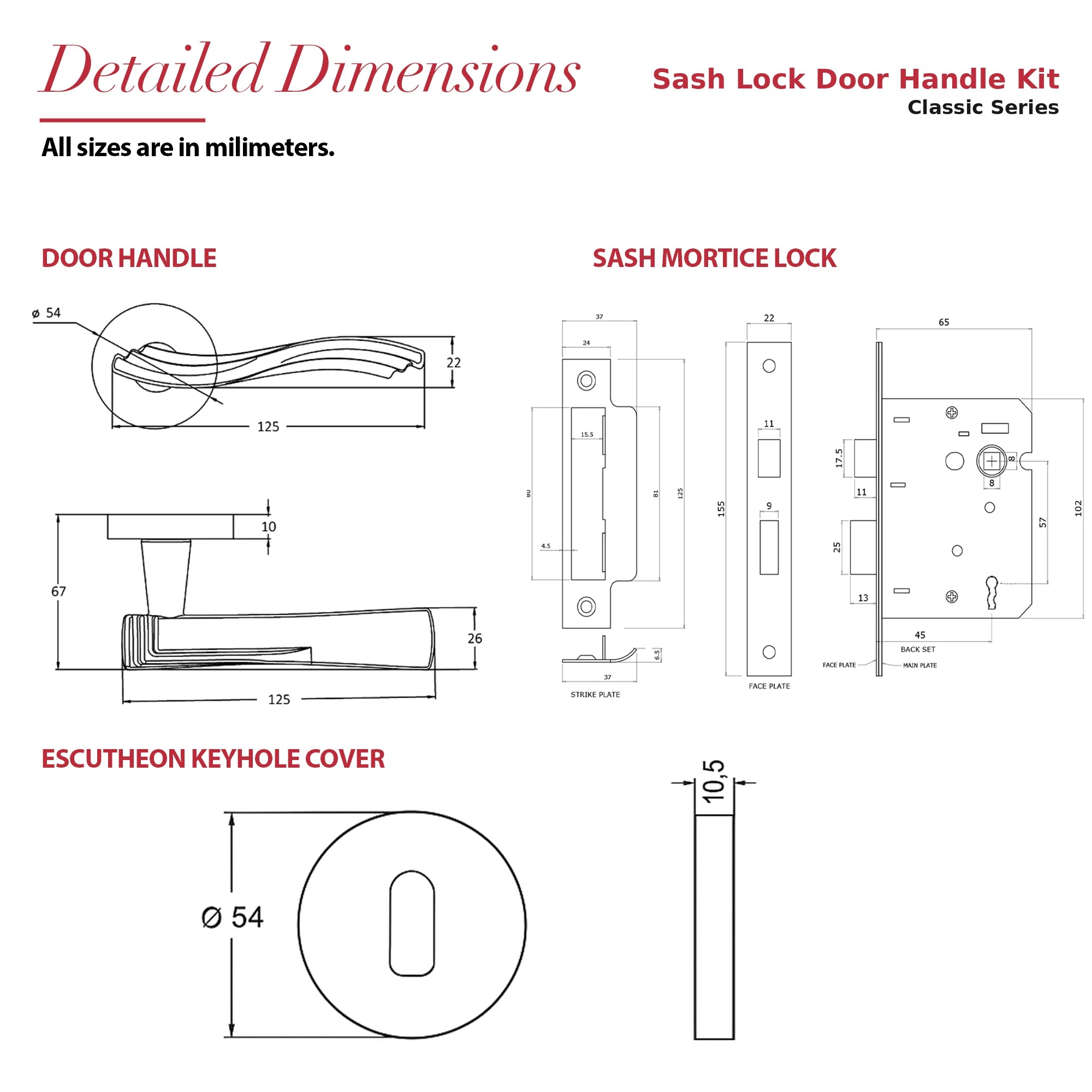 Solace Matt Black Privacy Door Lever Handles – dimensions and measurements diagram
