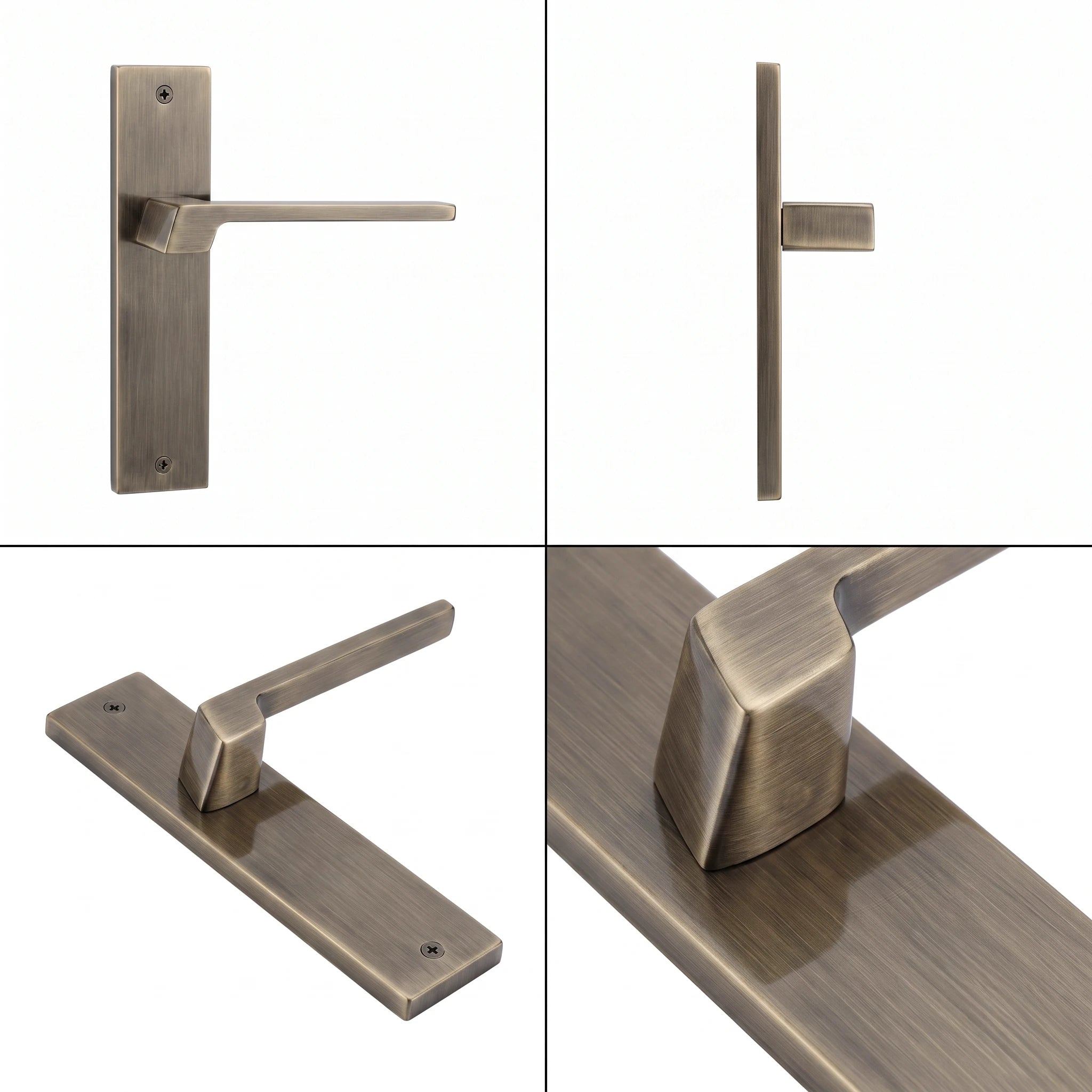 Spectra Antique Brass Passage Door Handles on Backplate – shown from multiple angles