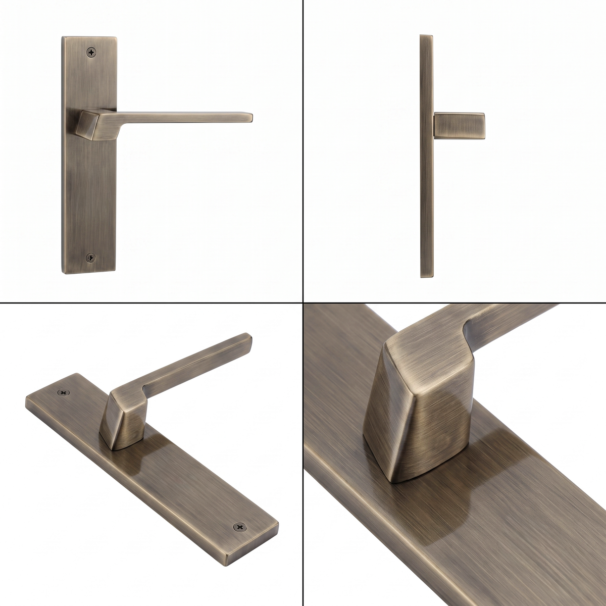 Spectra Antique Brass Passage Door Lever Handles on Backplate – shown from multiple angles