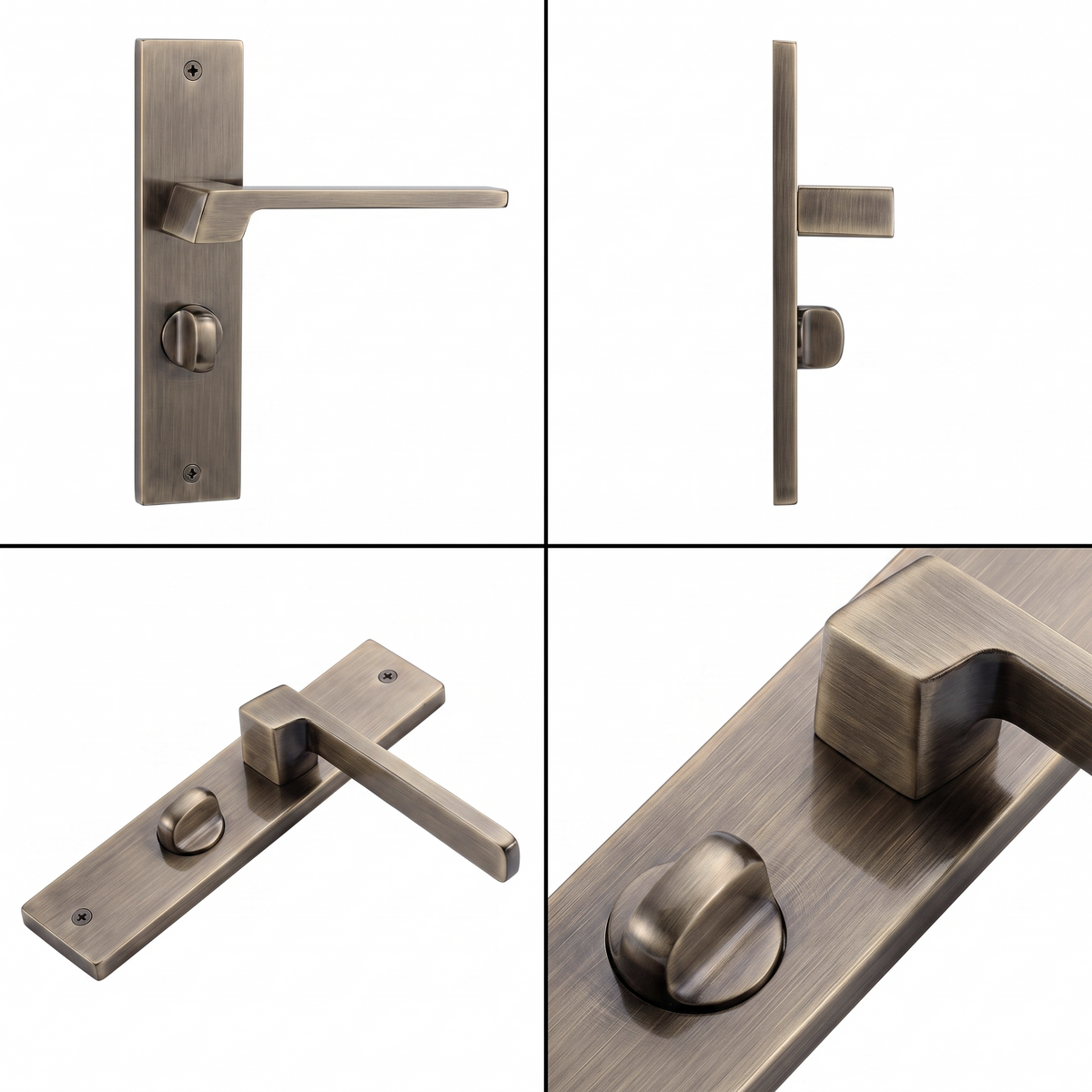 Spectra Antique Brass Bathroom Door Lever Handles on Backplate – shown from multiple angles