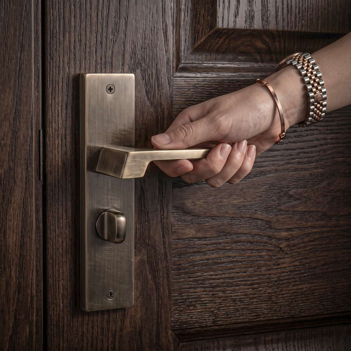 Spectra Antique Brass Bathroom Door Lever Handles on Backplate – held in hand to show the size and finish