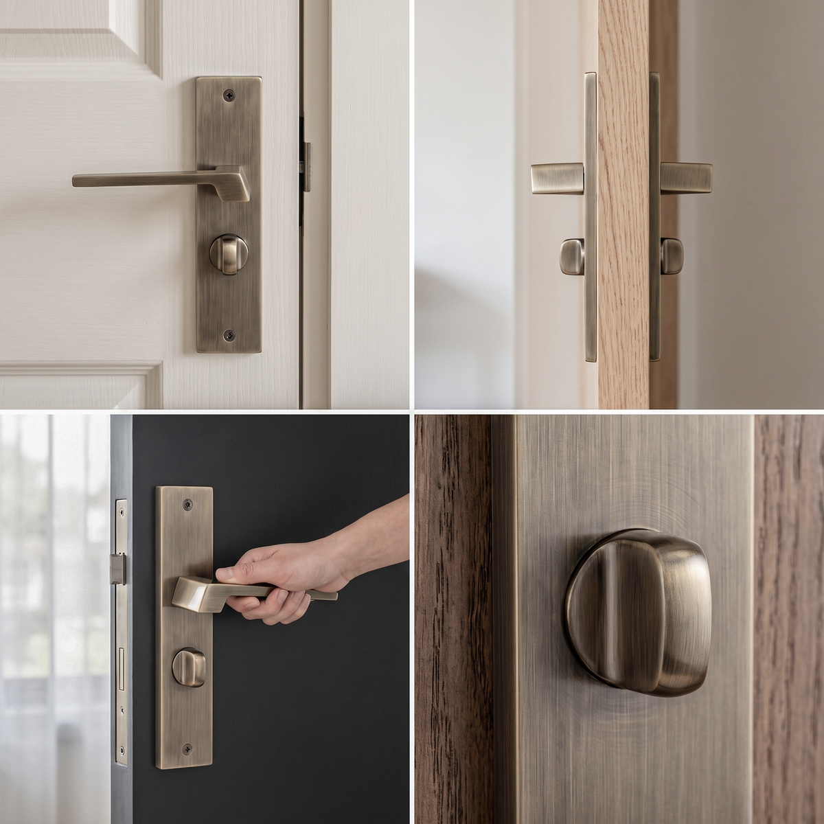 Spectra Antique Brass Bathroom Door Lever Handles on Backplate – fitted on an interior door in a styled room setting