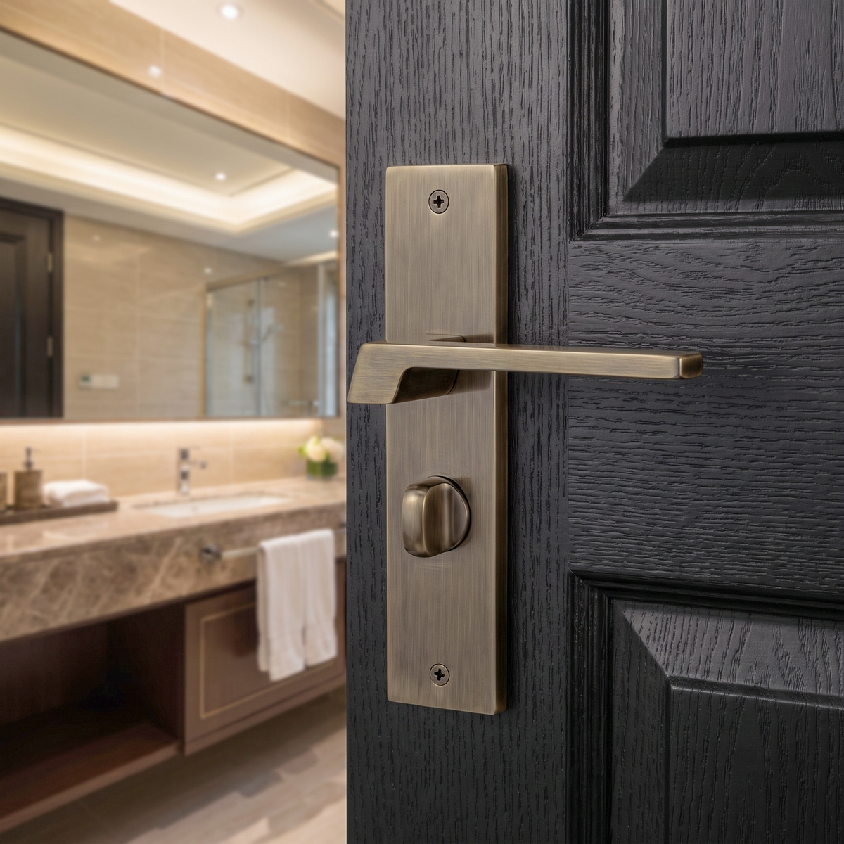 Spectra Antique Brass Bathroom Door Lever Handles on Backplate – fitted on an interior door in a styled room setting 2