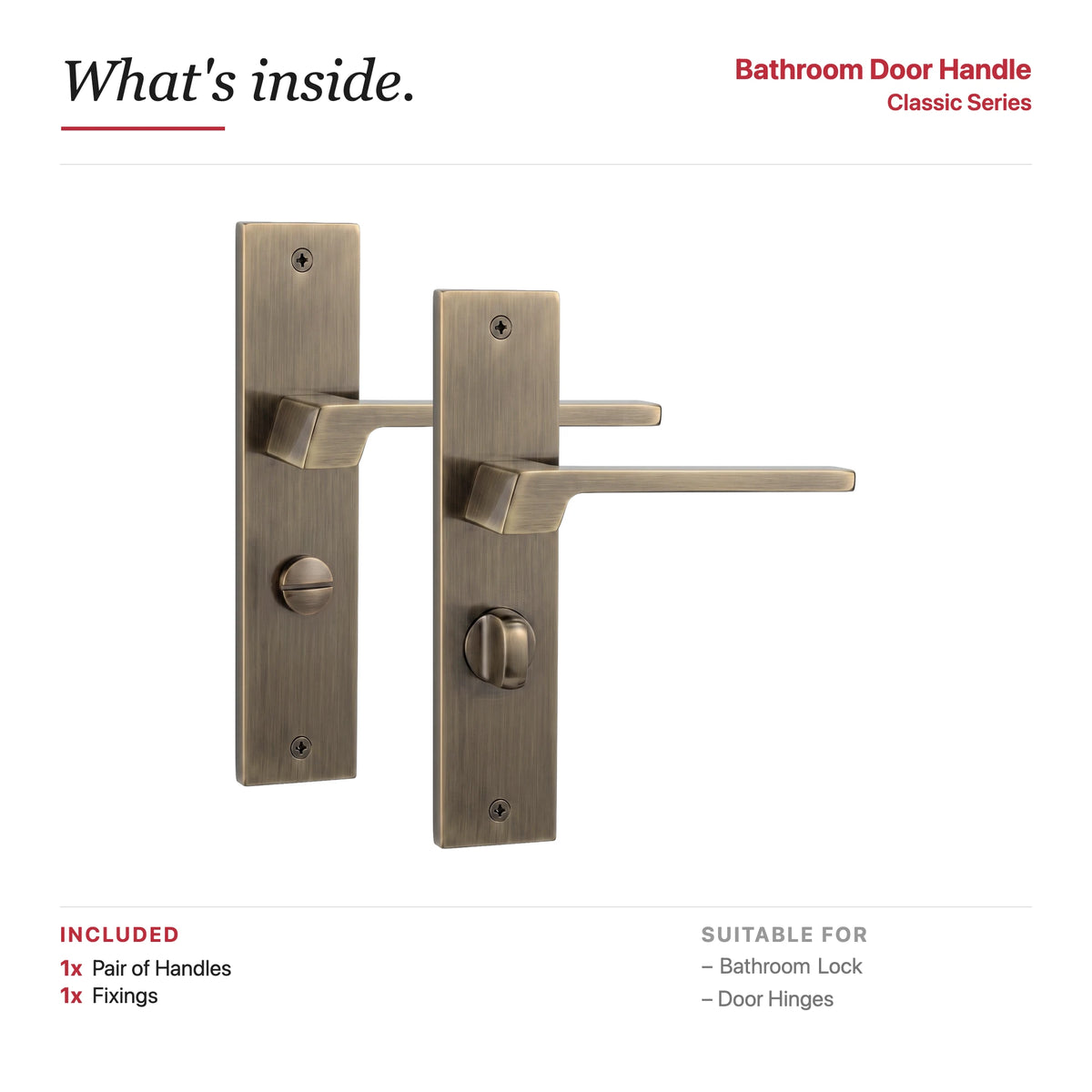 Spectra Antique Brass Door Lever Handles on Backplate – showing what's included in the box