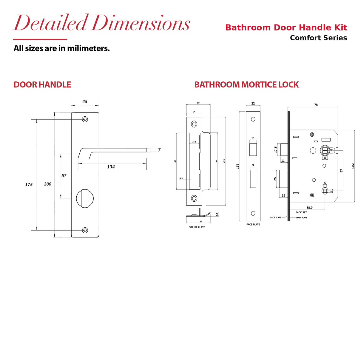 Spectra Antique Brass Bathroom Door Lever Handles on Backplate – dimensions and measurements diagram