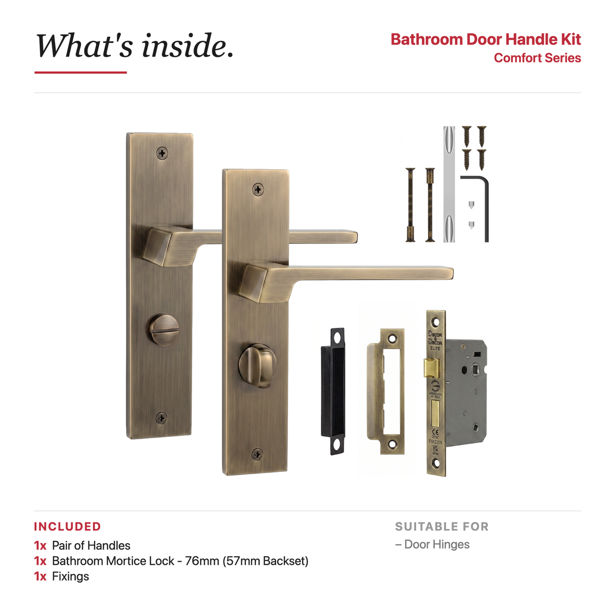 Spectra Antique Brass Bathroom Door Lever Handles on Backplate – showing what's included in the box