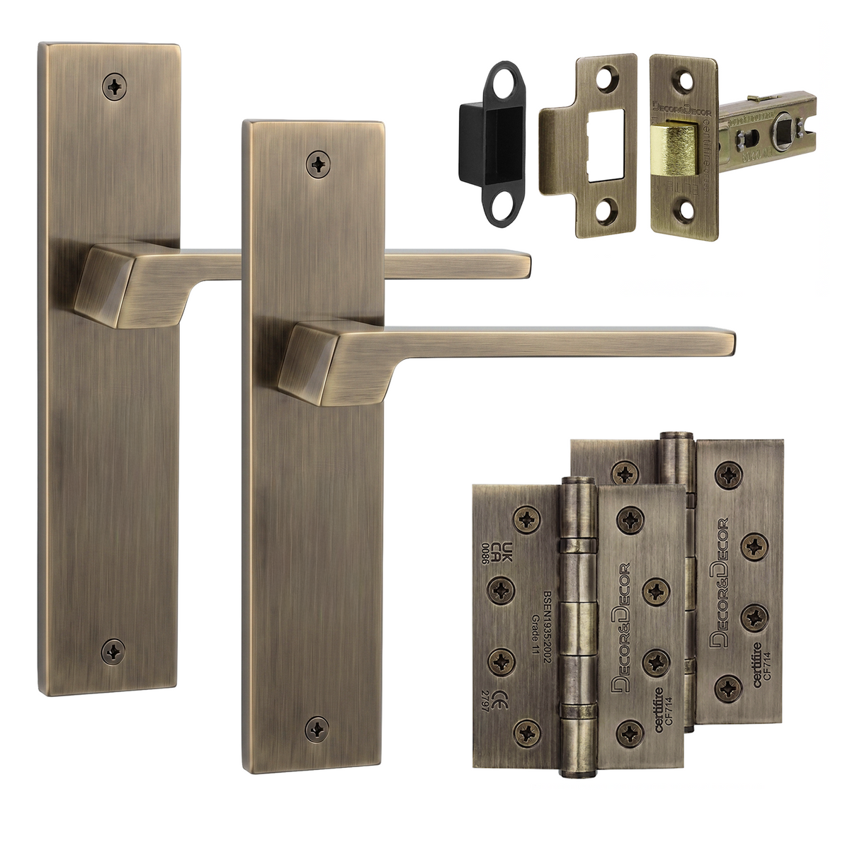Spectra Antique Brass Passage Door Lever Handles on Backplate - Hinge Kit 102mm