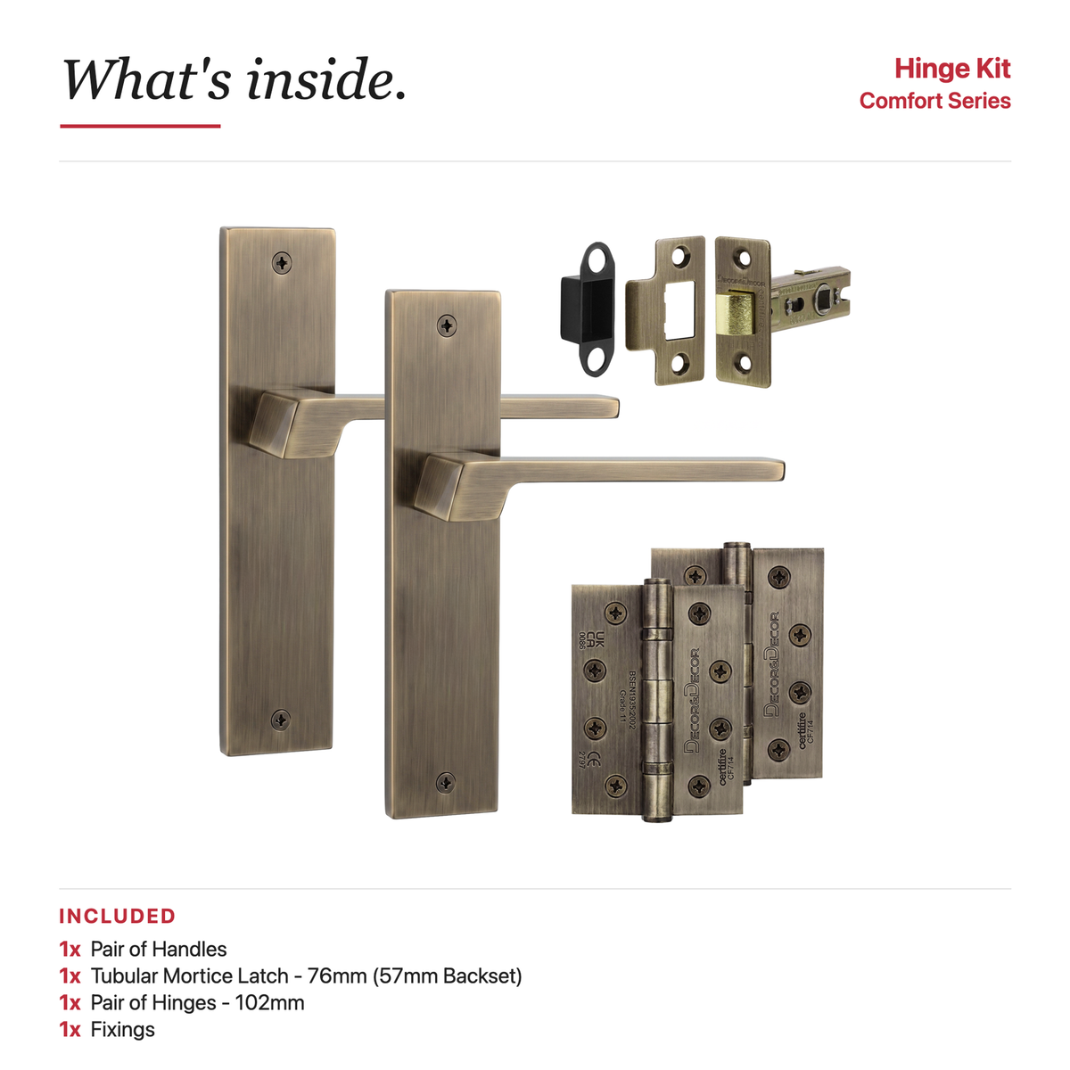 Spectra Antique Brass Passage Door Lever Handles on Backplate – showing what's included in the box