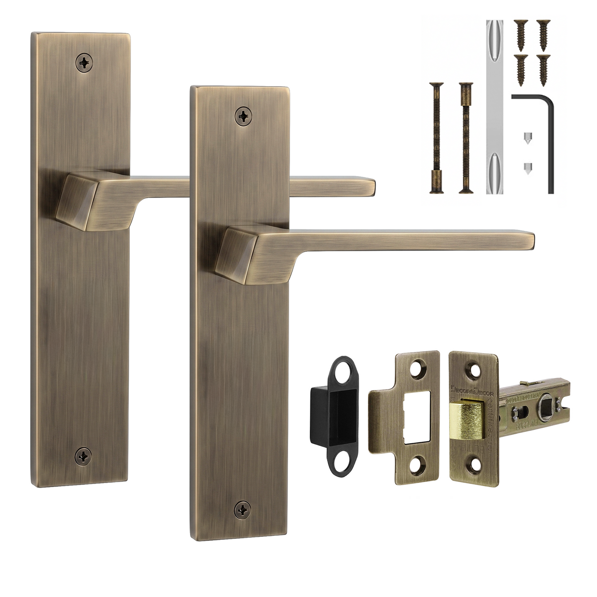 Spectra Antique Brass Passage Door Lever Handles on Backplate - Latch Kit 76mm
