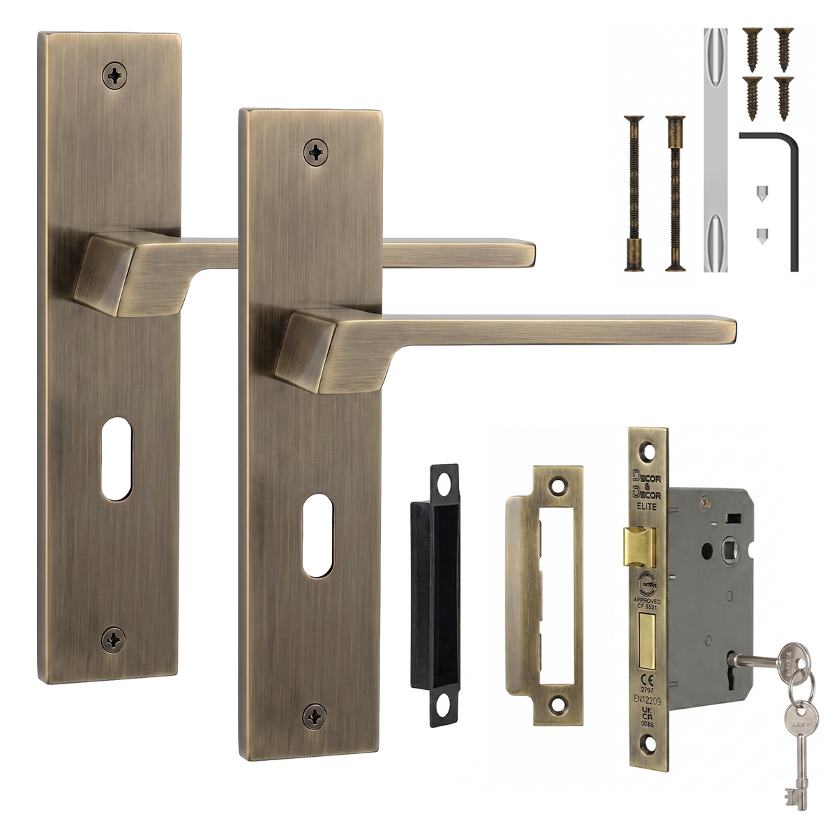 Spectra Antique Brass Privacy Door Lever Handles on Backplate - Sash Lock Kit 76mm