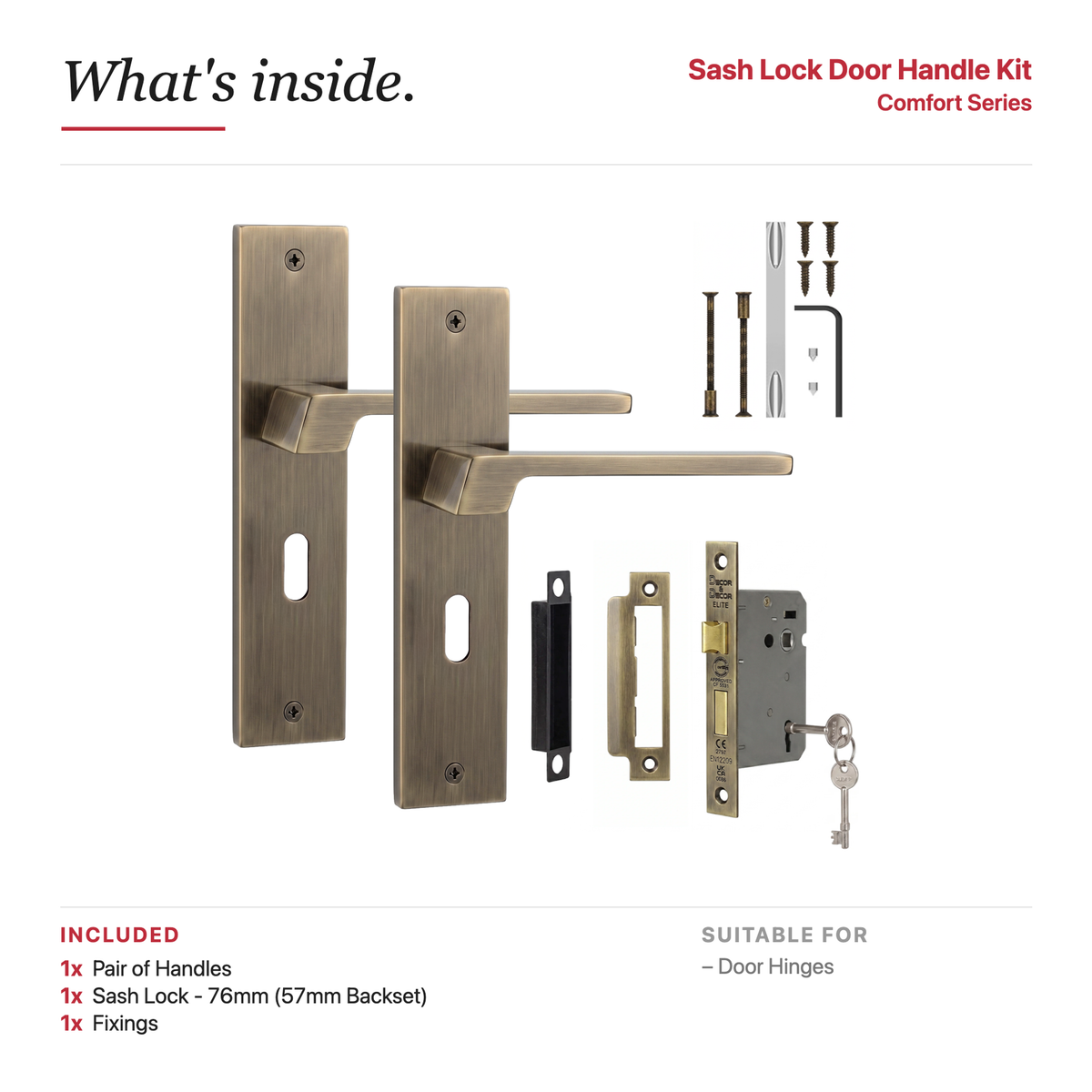 Spectra Antique Brass Privacy Door Lever Handles on Backplate – showing what's included in the box