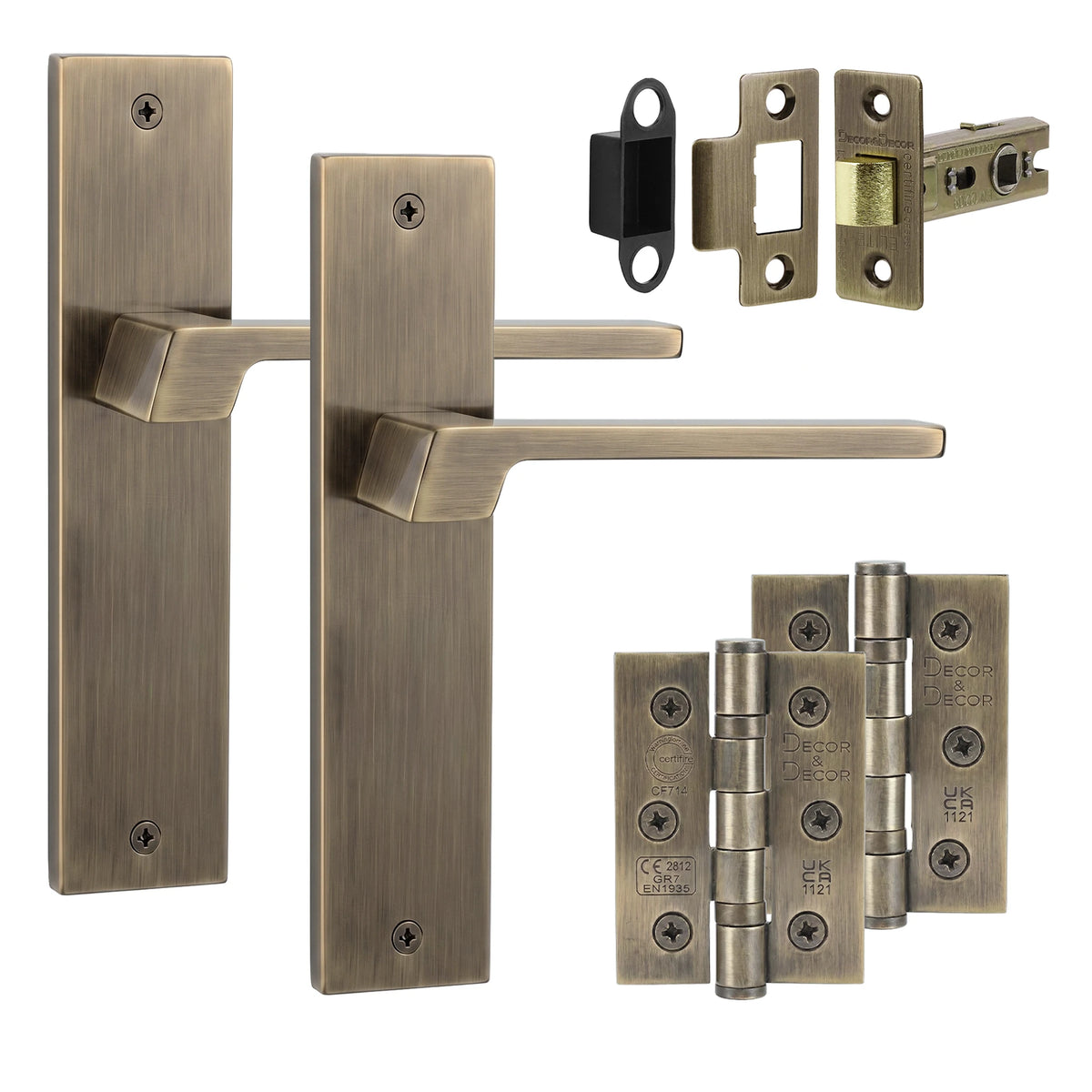 Spectra Antique Brass Passage Door Handles on Backplate - Latch and Hinge Set