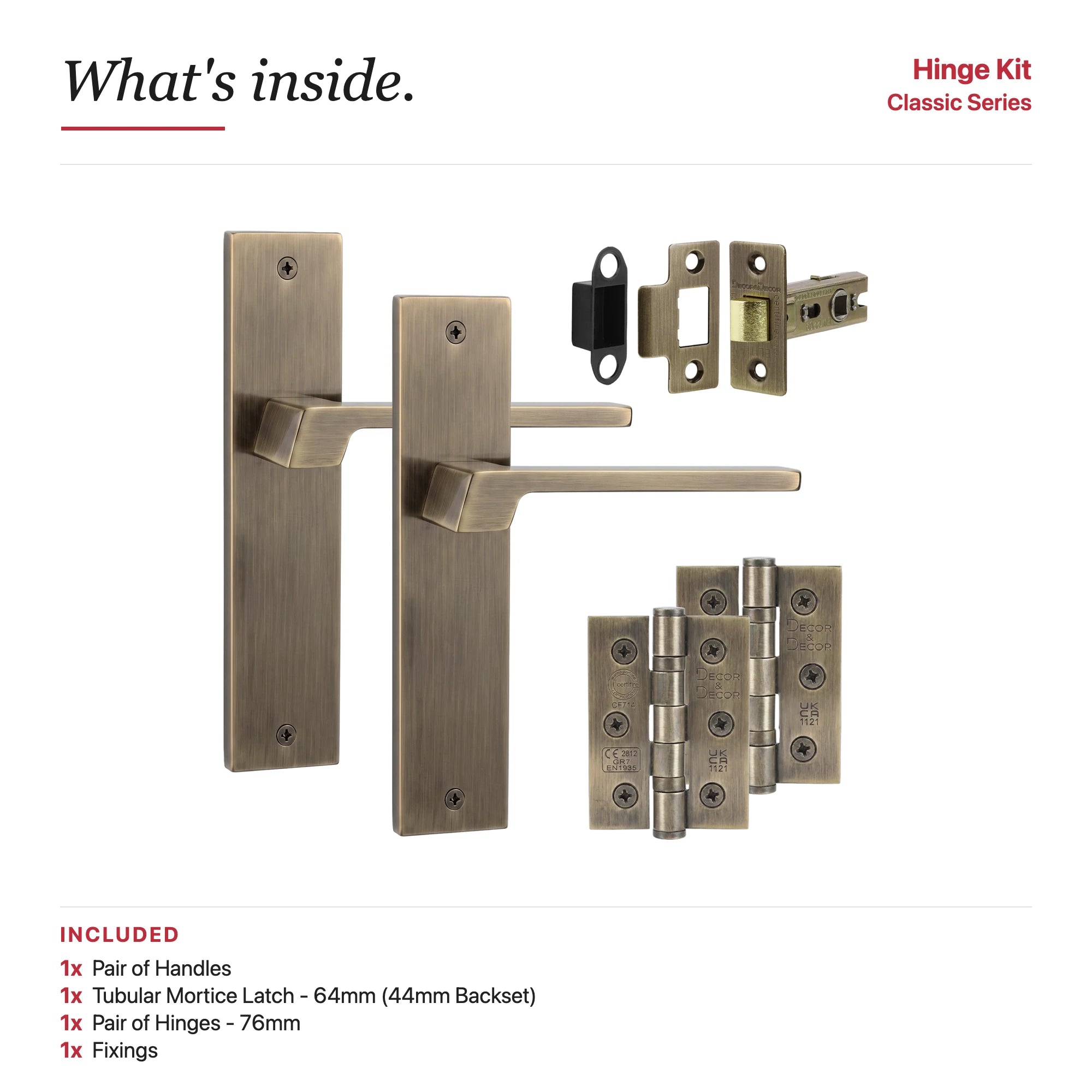 Spectra Antique Brass Passage Door Handles on Backplate – showing what's included in the box