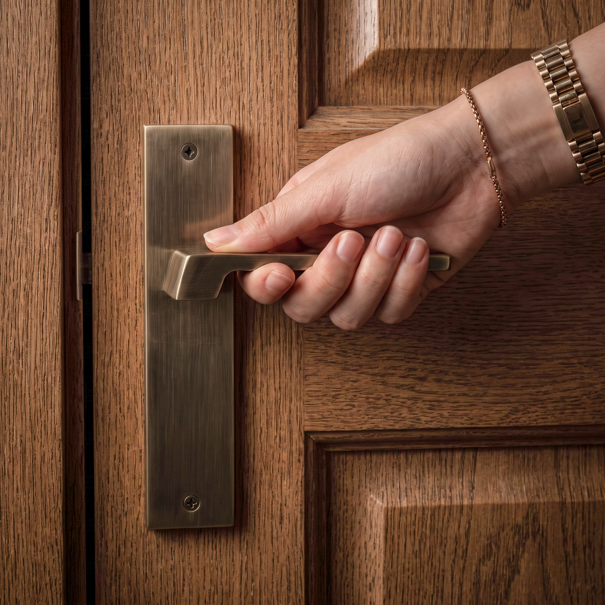 Spectra Antique Brass Passage Door Lever Handles on Backplate – held in hand to show the size and finish
