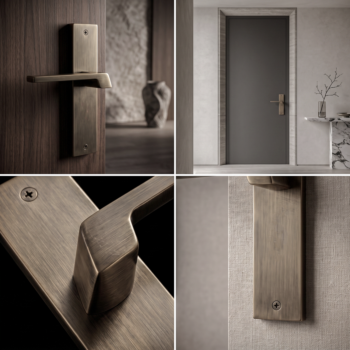Spectra Antique Brass Passage Door Lever Handles on Backplate – fitted on an interior door in a styled room setting
