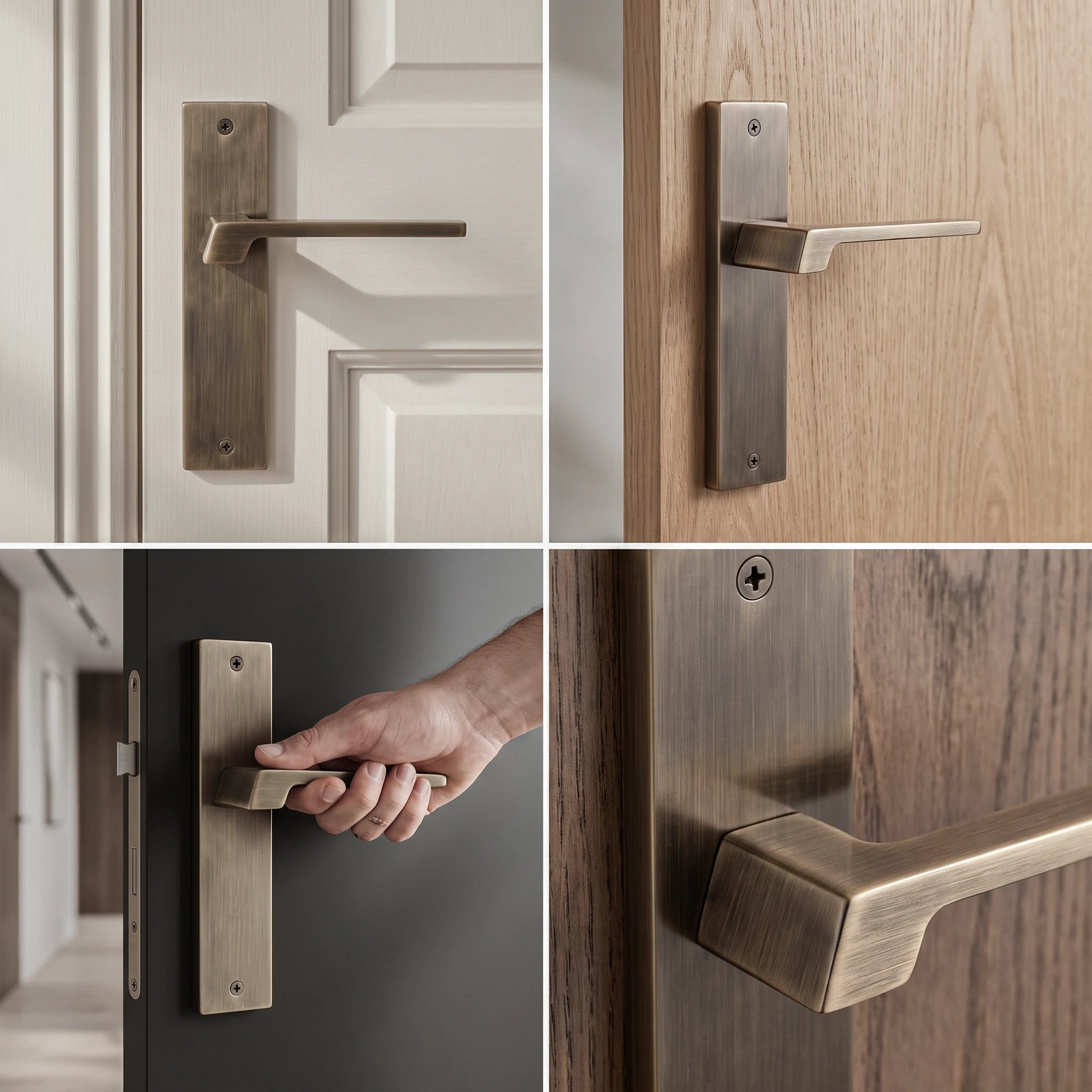 Spectra Antique Brass Passage Door Handles on Backplate – fitted on an interior door in a styled room setting 2