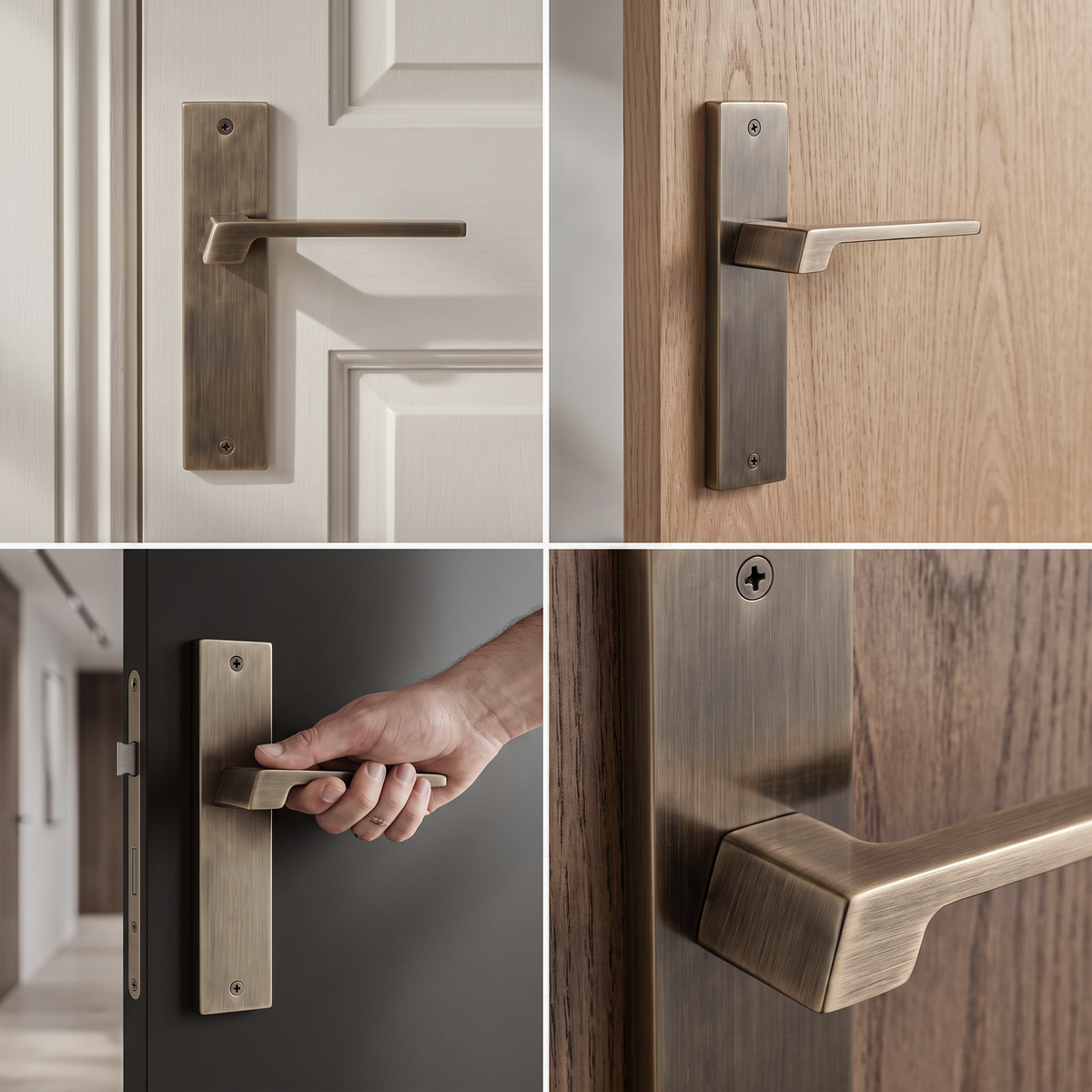 Spectra Antique Brass Passage Door Lever Handles on Backplate – fitted on an interior door in a styled room setting 2