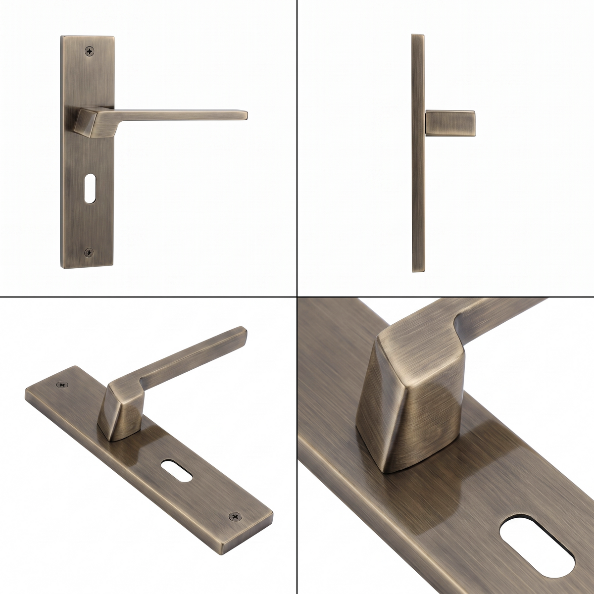 Spectra Antique Brass Privacy Door Lever Handles on Backplate – shown from multiple angles