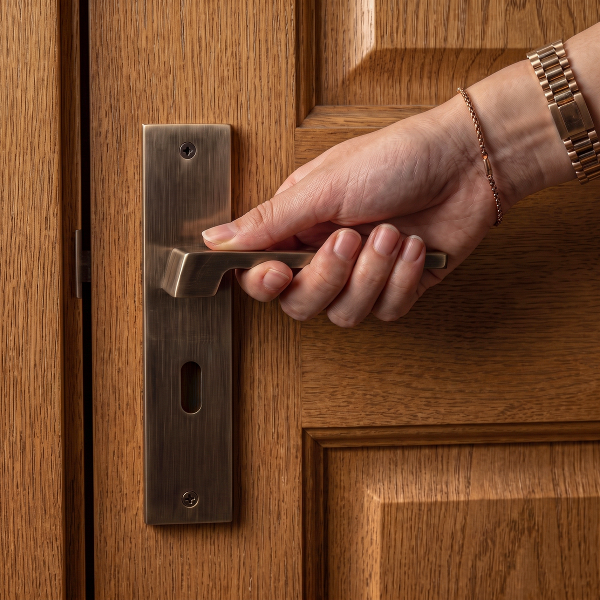 Spectra Antique Brass Privacy Door Lever Handles on Backplate – held in hand to show the size and finish