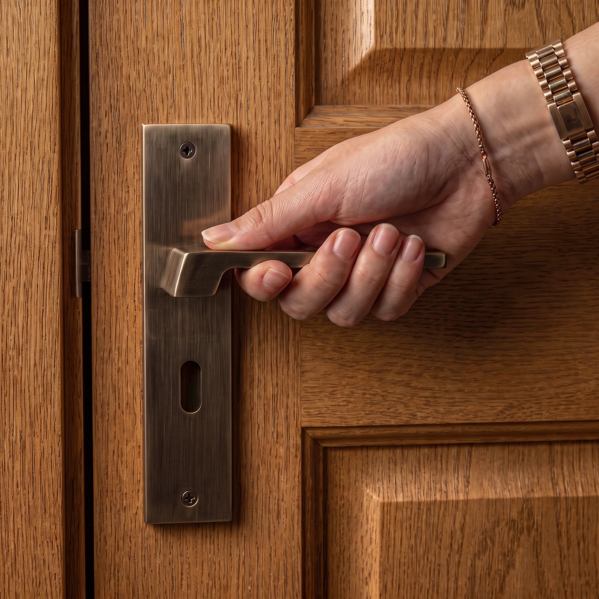 Spectra Antique Brass Privacy Door Handles on Backplate with Keys – held in hand to show the size and finish