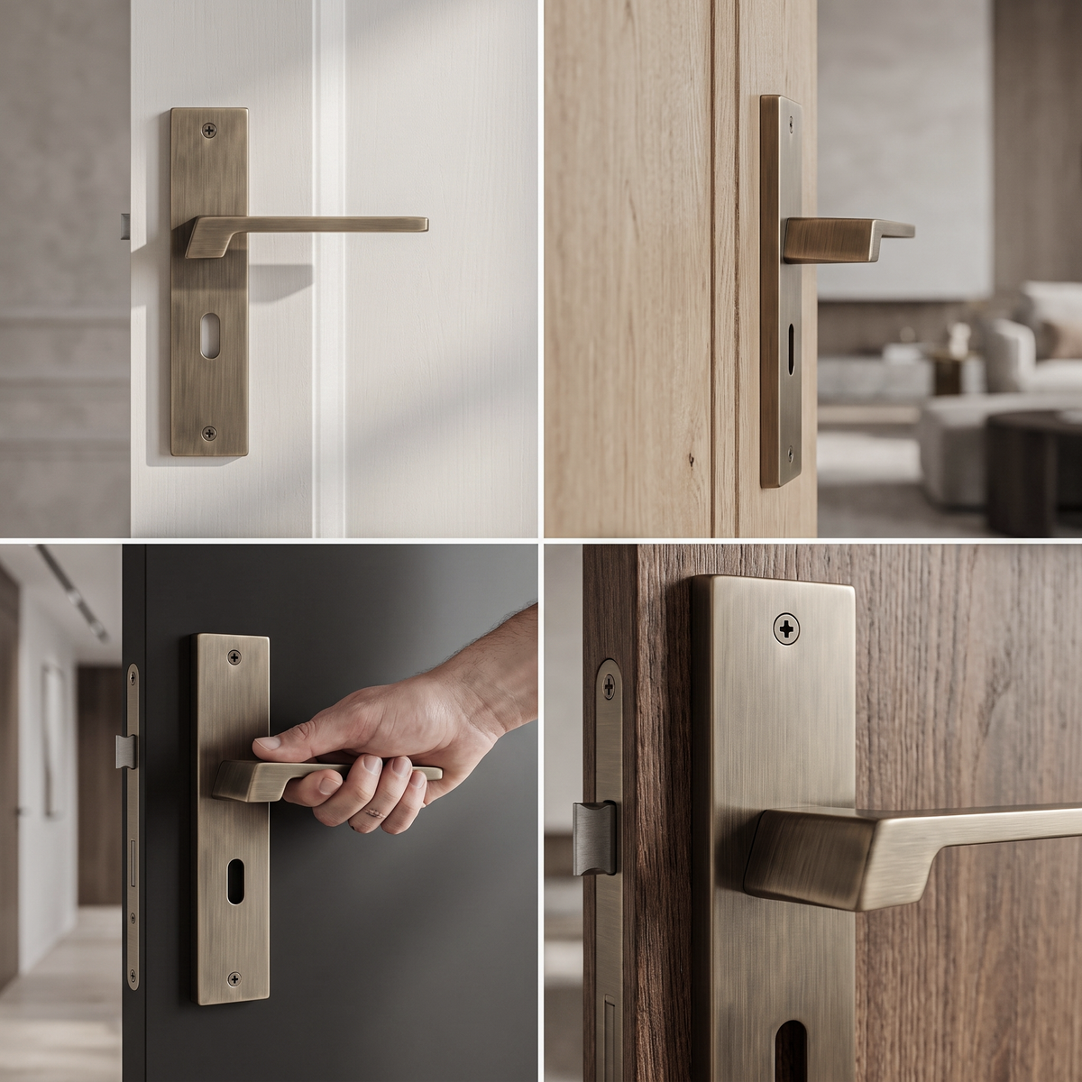 Spectra Antique Brass Privacy Door Lever Handles on Backplate – fitted on an interior door in a styled room setting