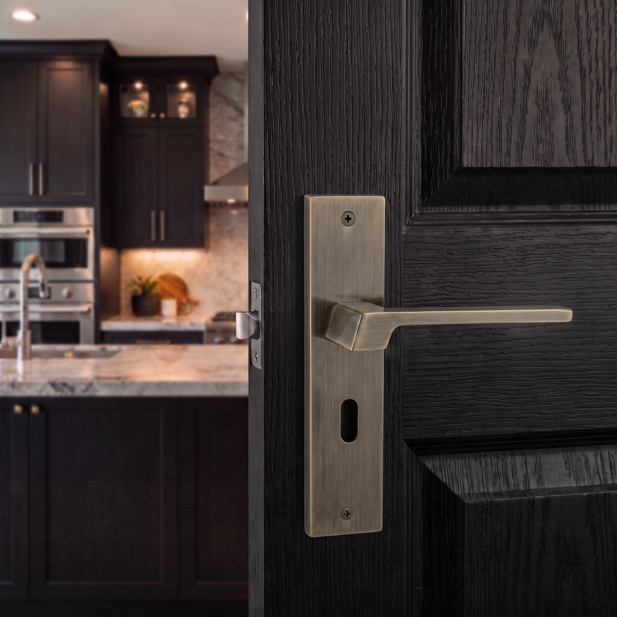 Spectra Antique Brass Privacy Door Lever Handles on Backplate – fitted on an interior door in a styled room setting 2