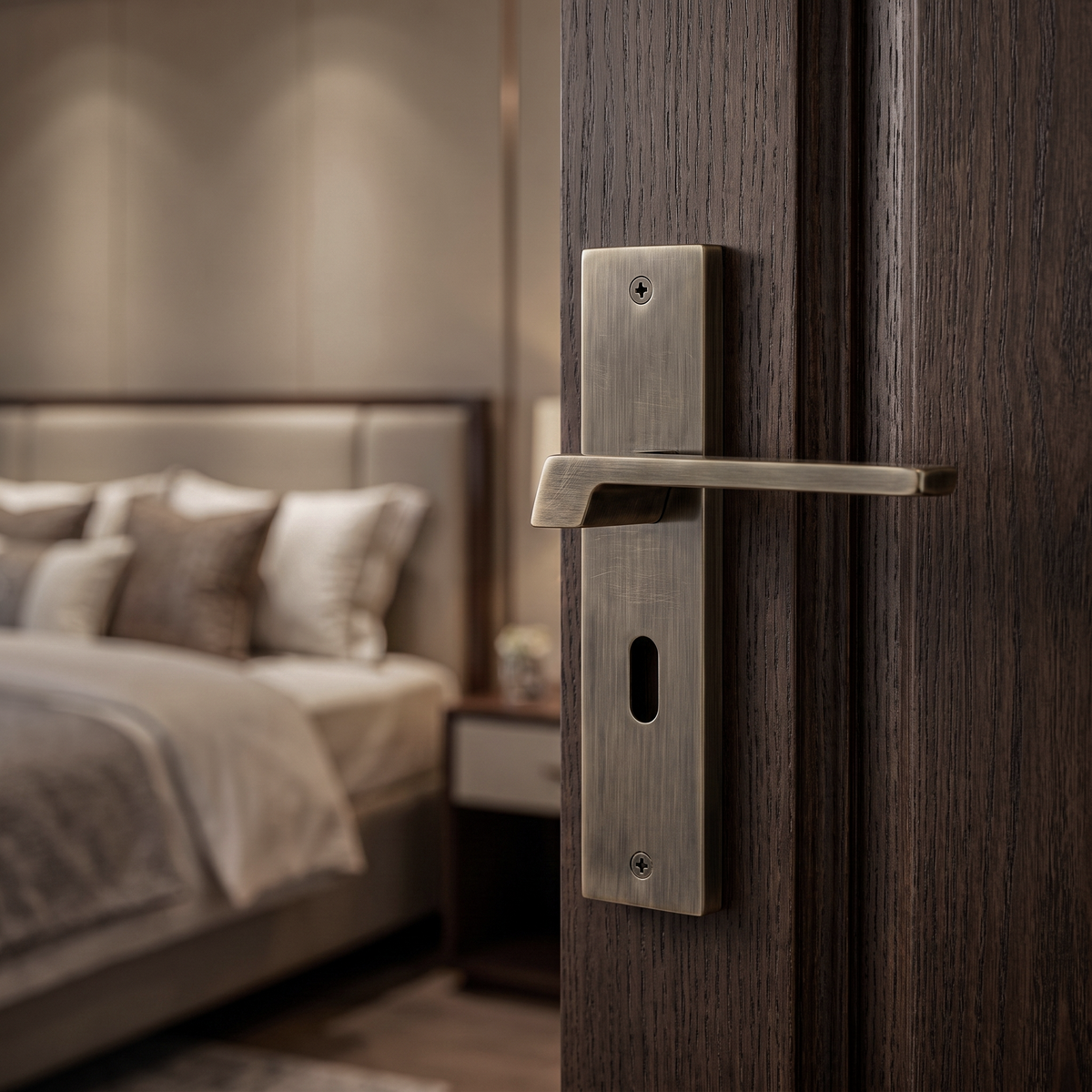 Spectra Antique Brass Privacy Door Lever Handles on Backplate – fitted on an interior door in a styled room setting 3