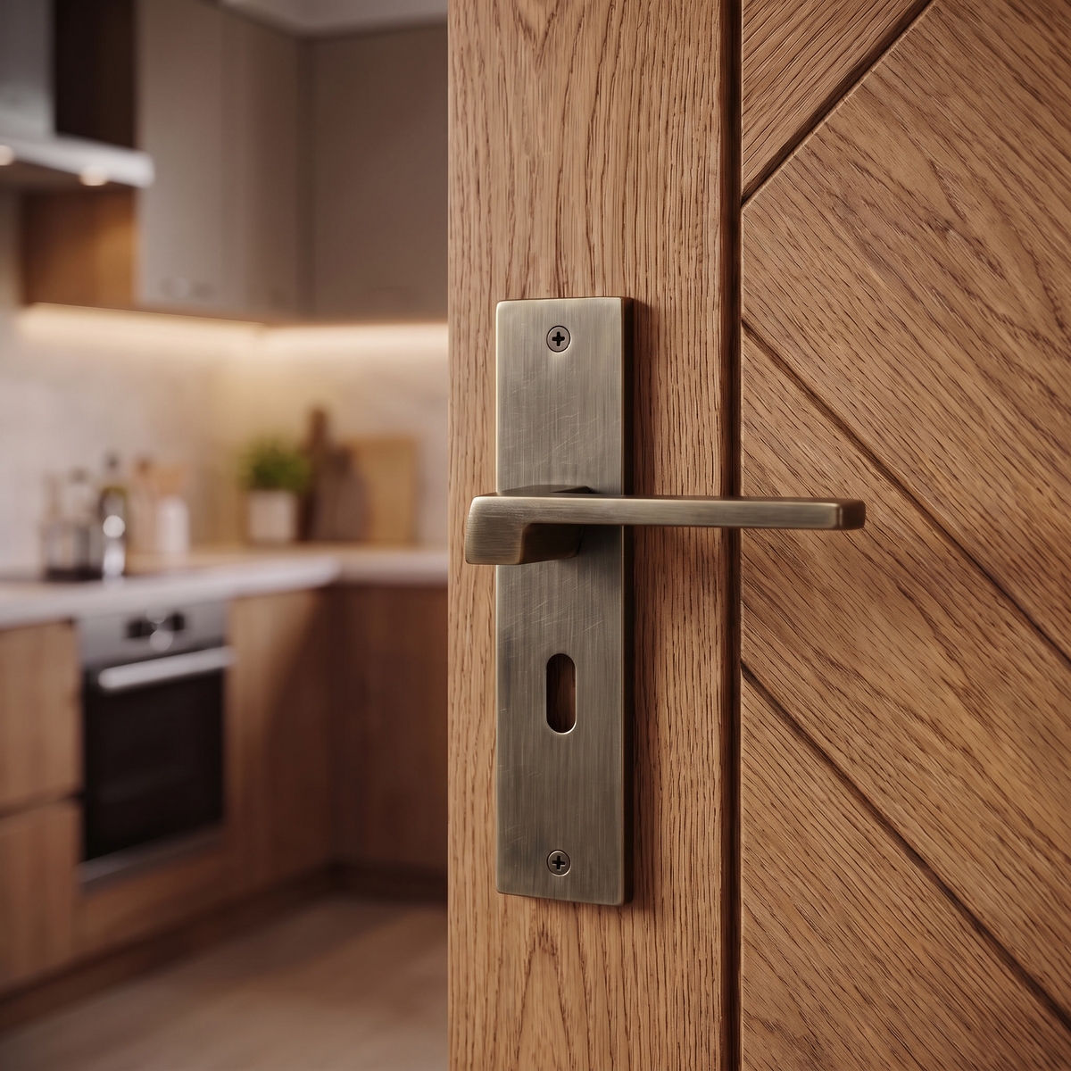 Spectra Antique Brass Privacy Door Lever Handles on Backplate – fitted on an interior door in a styled room setting 4