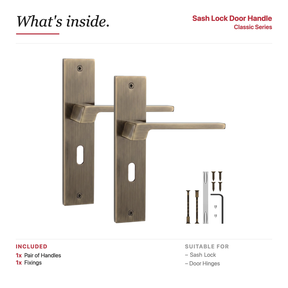 Spectra Antique Brass Door Lever Handles on Backplate – showing what's included in the box