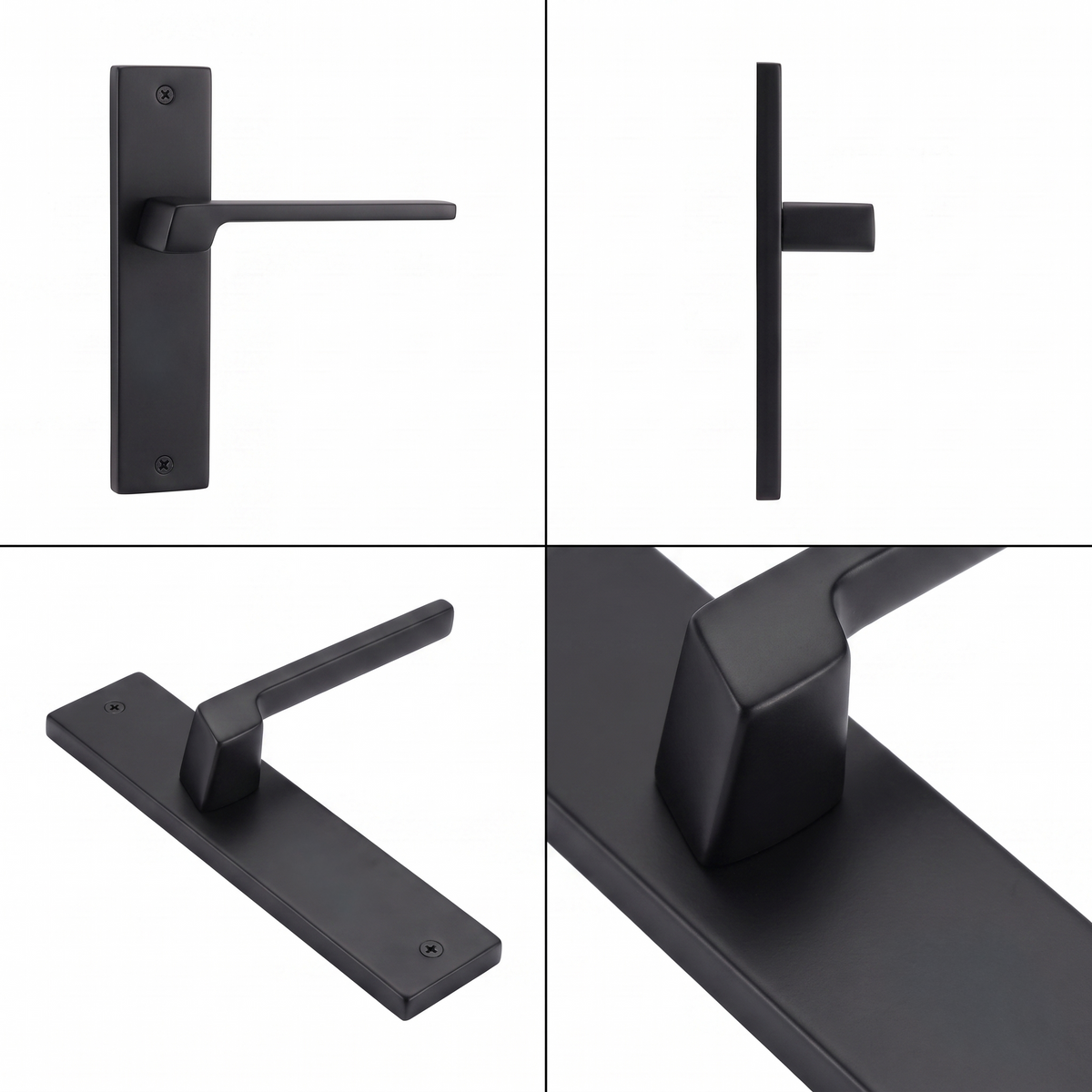 Spectra Matt Black Passage Door Lever Handles on Backplate – shown from multiple angles