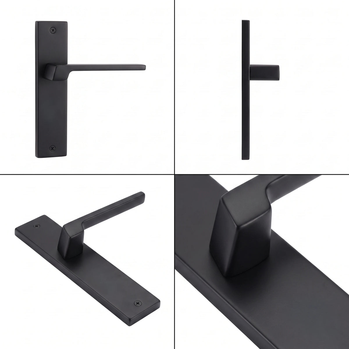 Spectra Matt Black Passage Door Handles on Backplate – shown from multiple angles