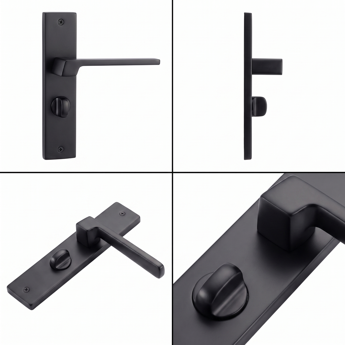 Spectra Matt Black Bathroom Door Lever Handles on Backplate – shown from multiple angles