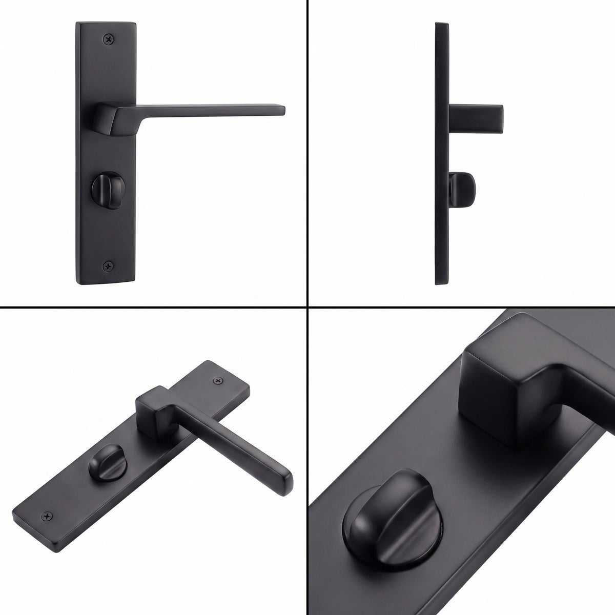 Spectra Matt Black Door Lever Handles on Backplate – shown from multiple angles