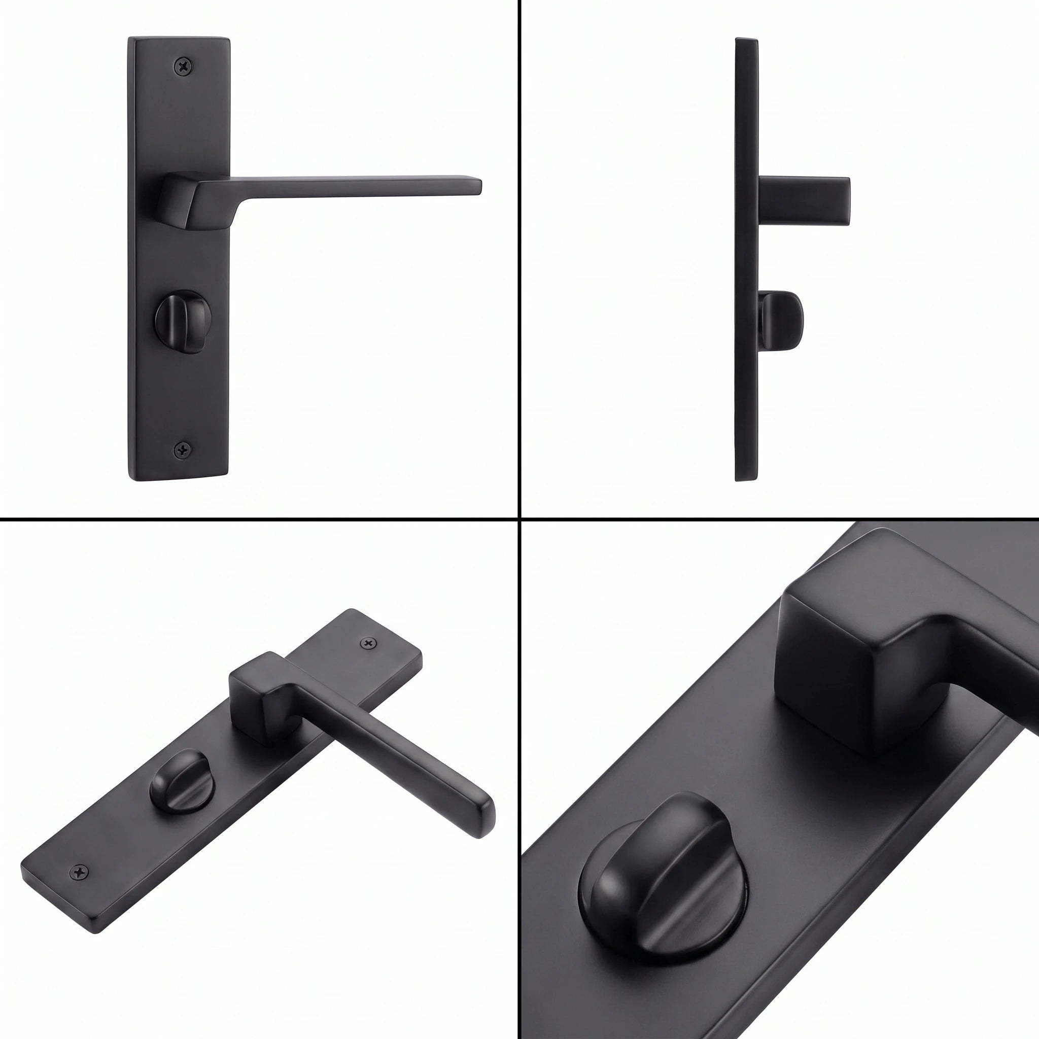 Spectra Matt Black Bathroom Door Handles on Backplate – shown from multiple angles