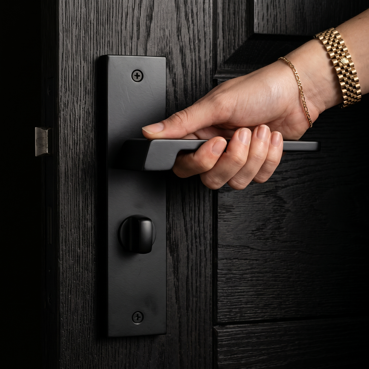 Spectra Matt Black Bathroom Door Lever Handles on Backplate – held in hand to show the size and finish