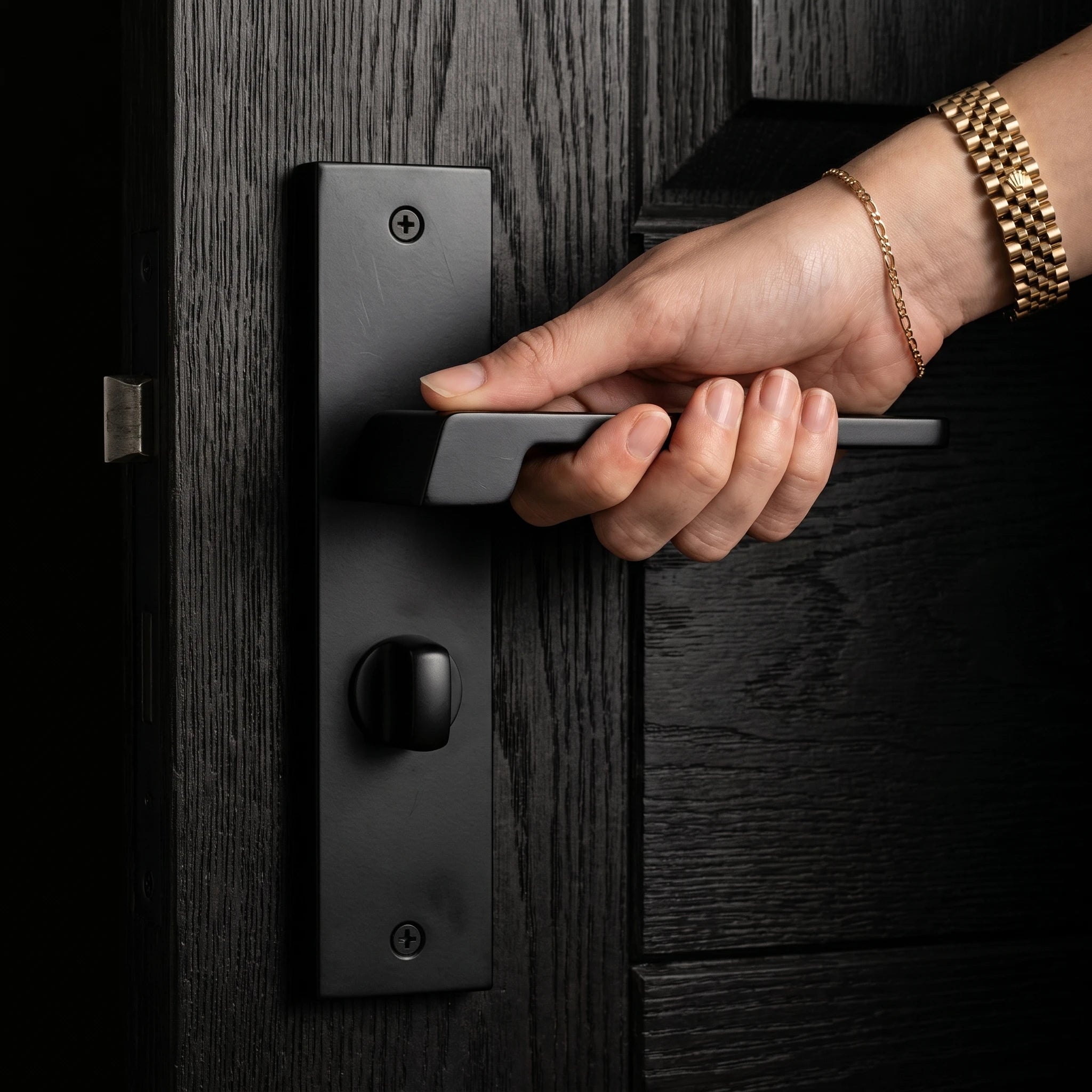 Spectra Matt Black Bathroom Door Handles on Backplate – held in hand to show the size and finish
