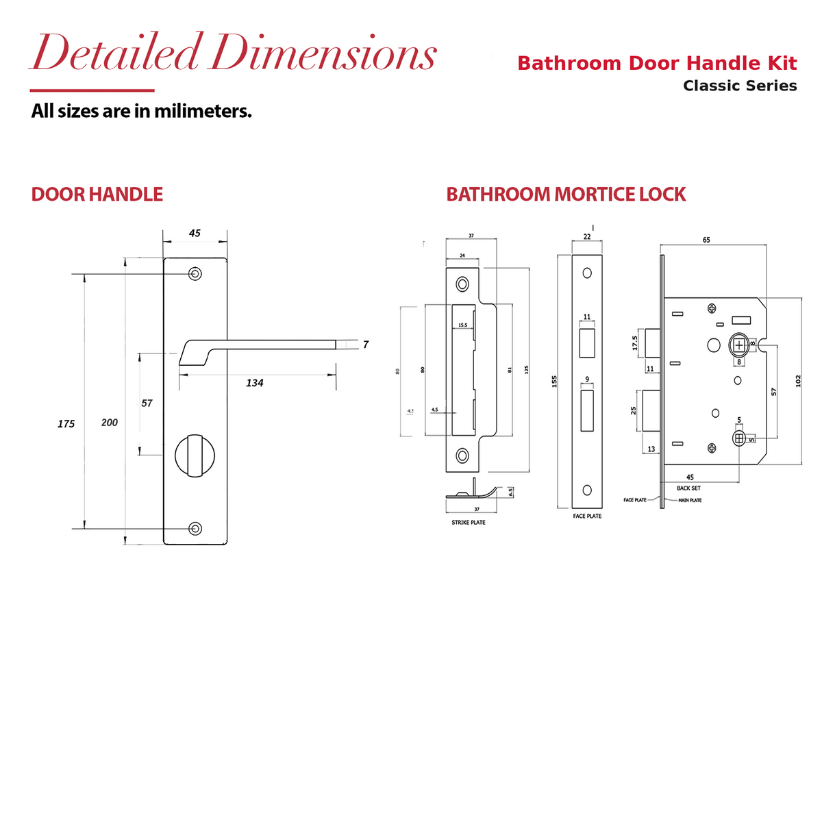 Spectra Matt Black Bathroom Door Handles on Backplate – dimensions and measurements diagram