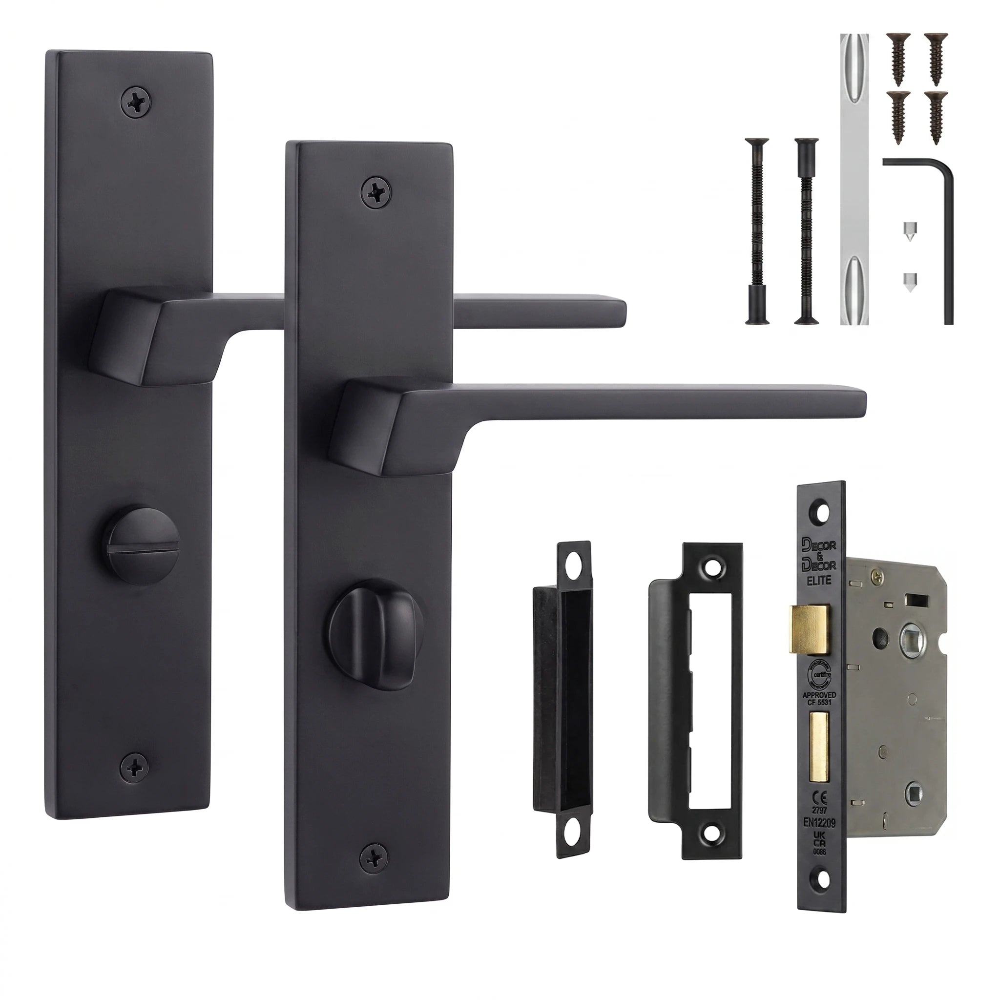 Spectra Matt Black Bathroom Door Handles on Backplate - Bathroom Kit